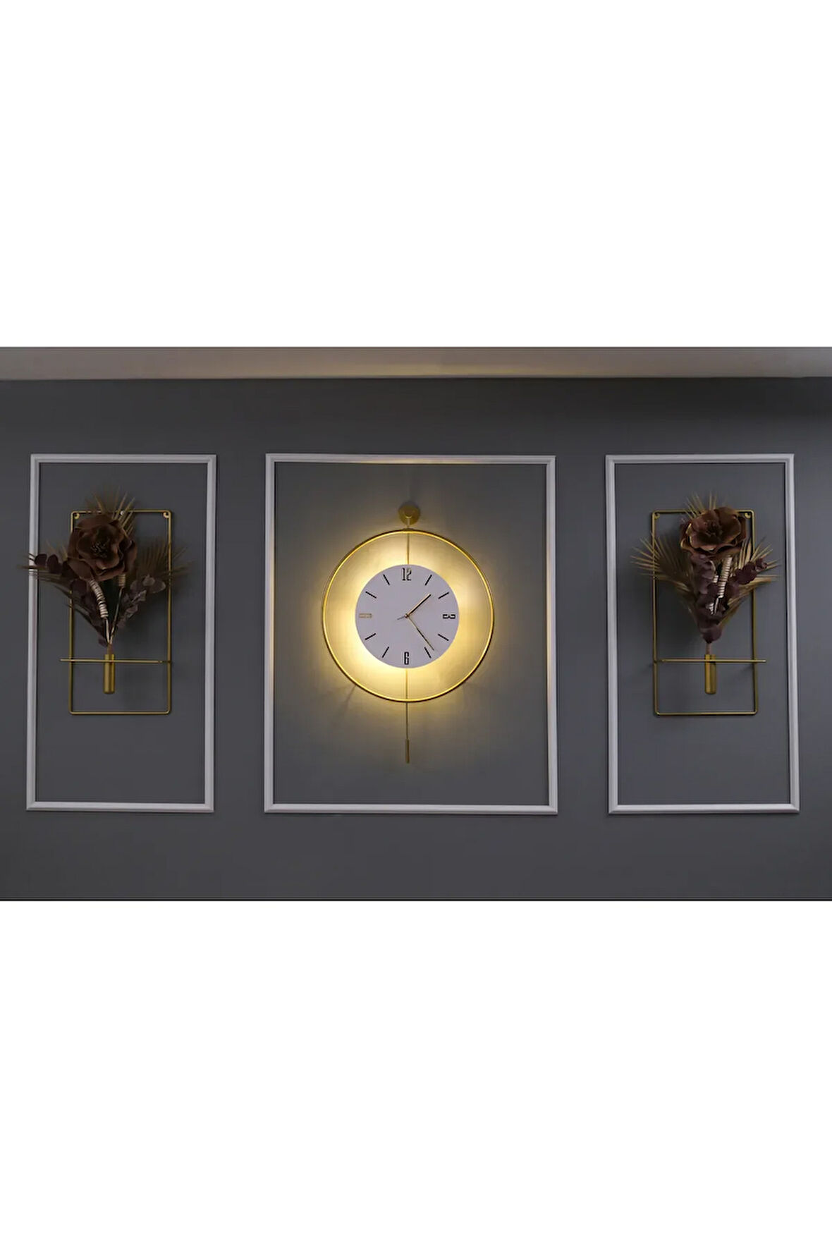Büyük Boy 5'li Gold Kristal Elegante Set (kablo Gerektirmeyen Seri )- Modern Duvar Saati