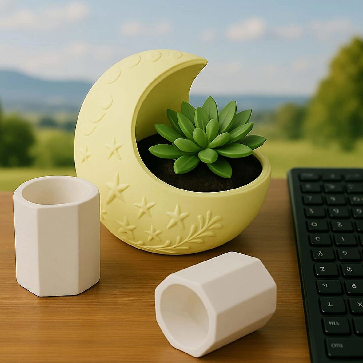 3 LÜ DOLUNAY TEMALI Seramik Saksıda Yapay Sukulent 8x7,5 Cm Dekoratif Masa Üstü Kalemlik Çiçek Seti