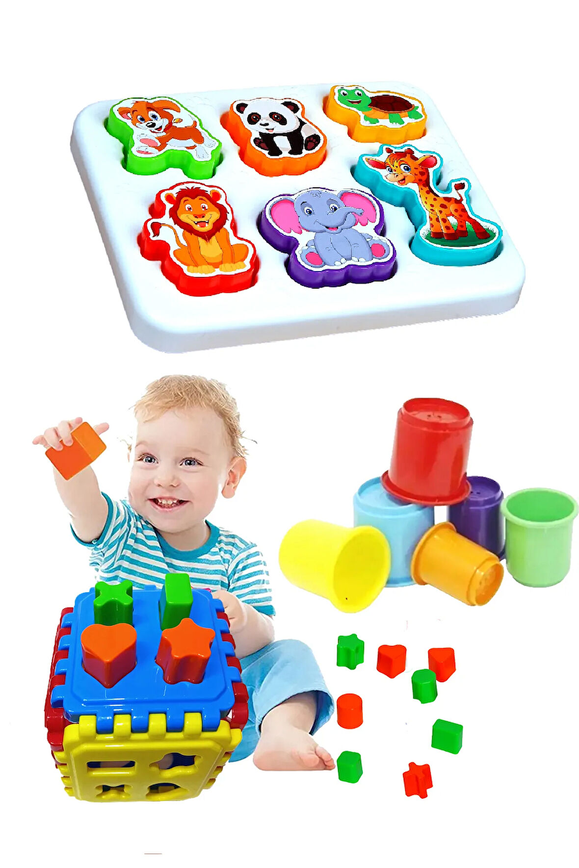 Sevimli Hayvanlar Bultak + Silindir Kule + Bul Tak Puzzle Eğitici Zeka Geliştirici Set