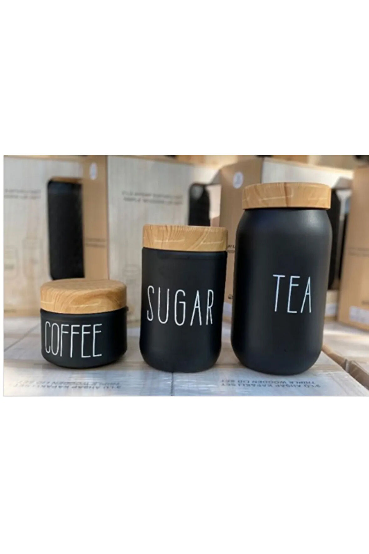 3'lü Ahşap Kapaklı Set Tea-Sugar-Coffee Seti