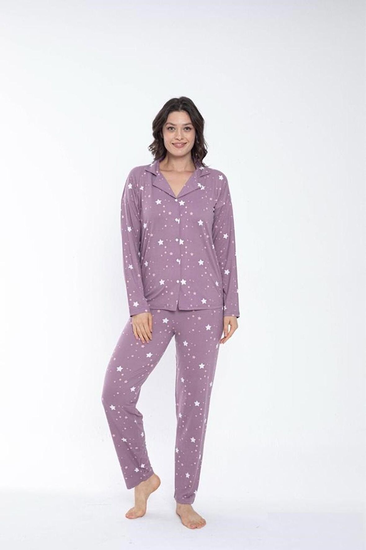 Kadın Gömlek Yaka Önden Düğmeli Mevsimlik Uzun Kol Pijama Takımı