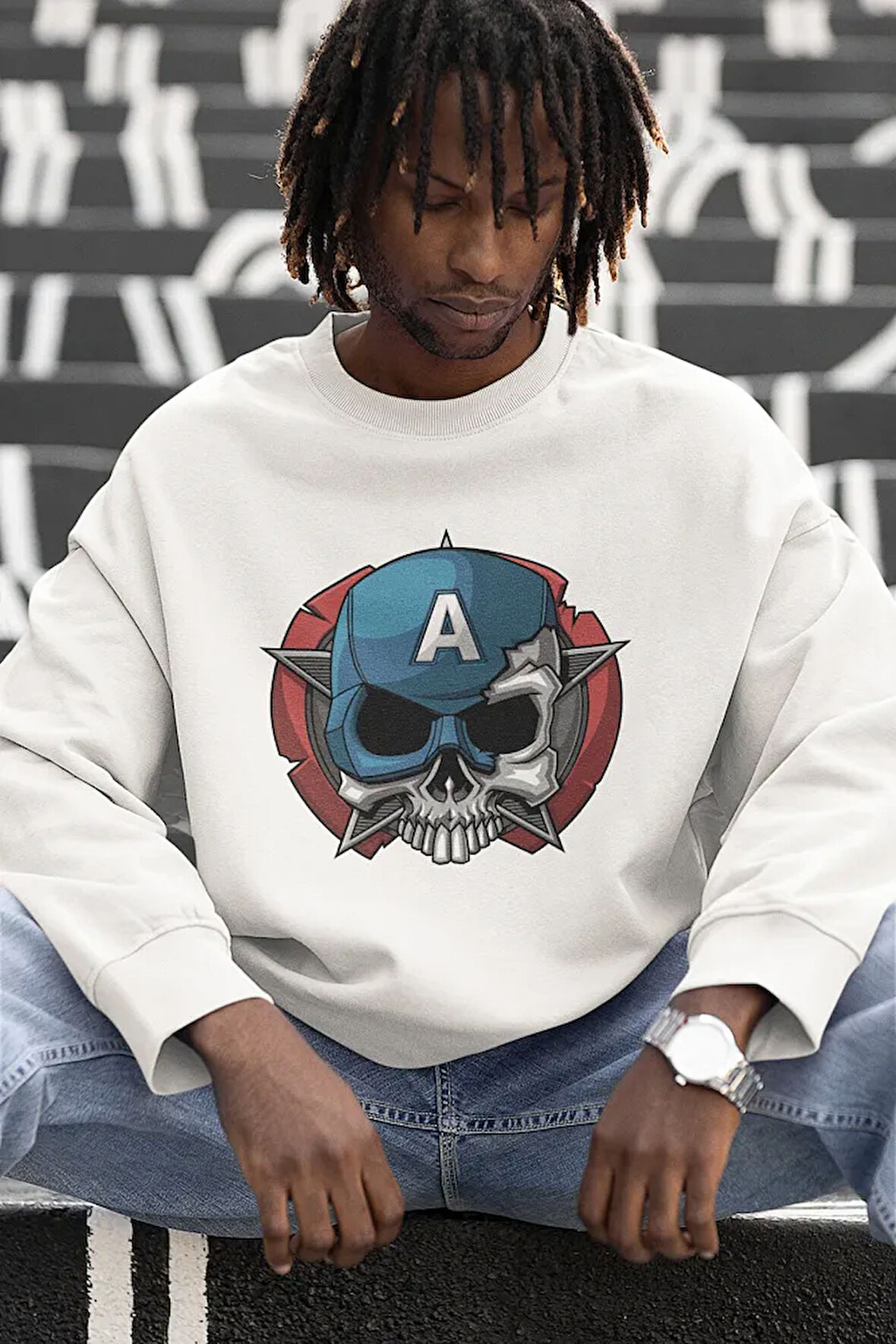 Kaptan Amerika Baskılı Unisex Oversize Marvel Sweatshirt