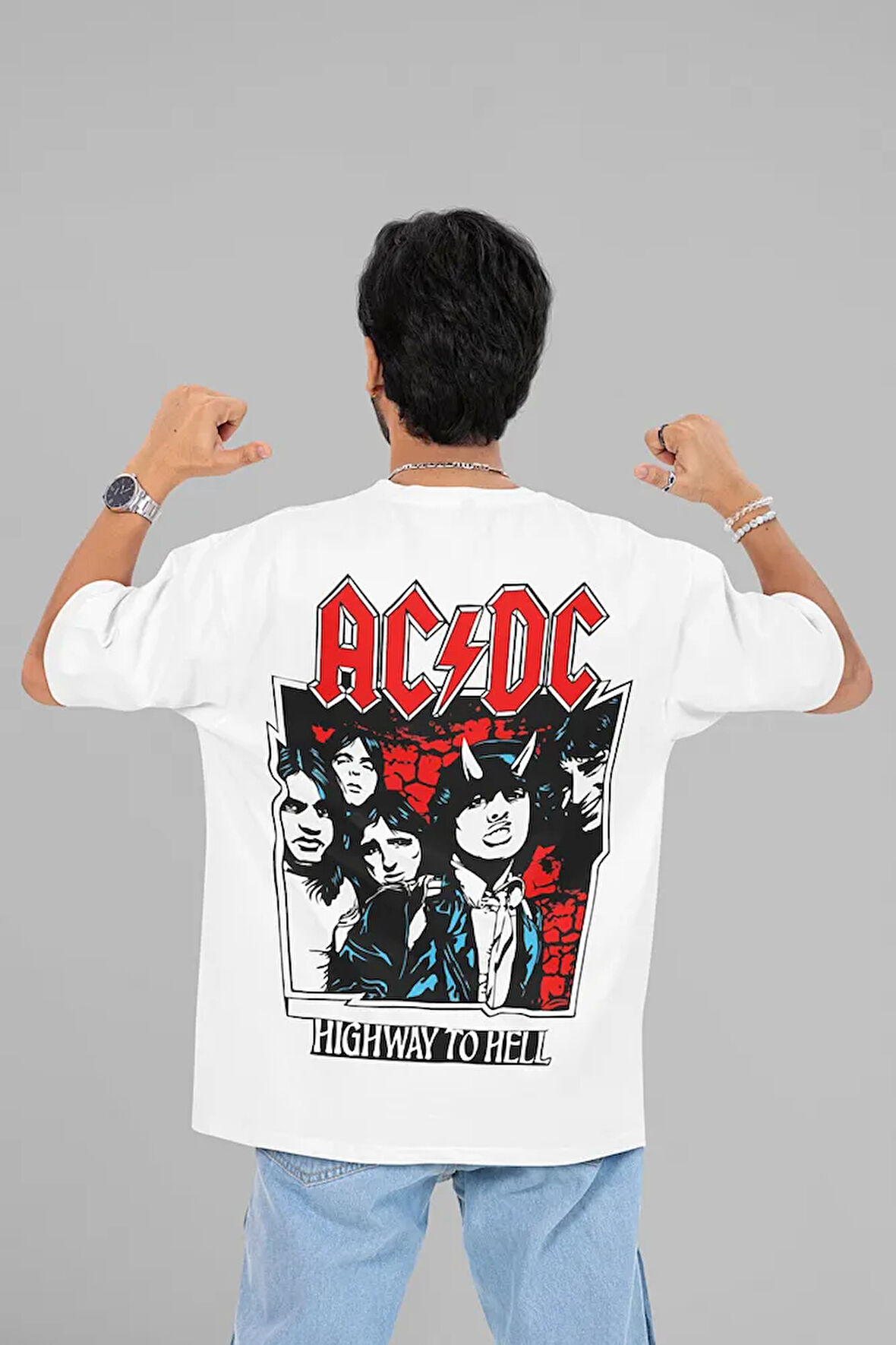 AC DC Highway To Hell Baskılı Unisex Oversize Rock Metal Müzik Grubu Tişört