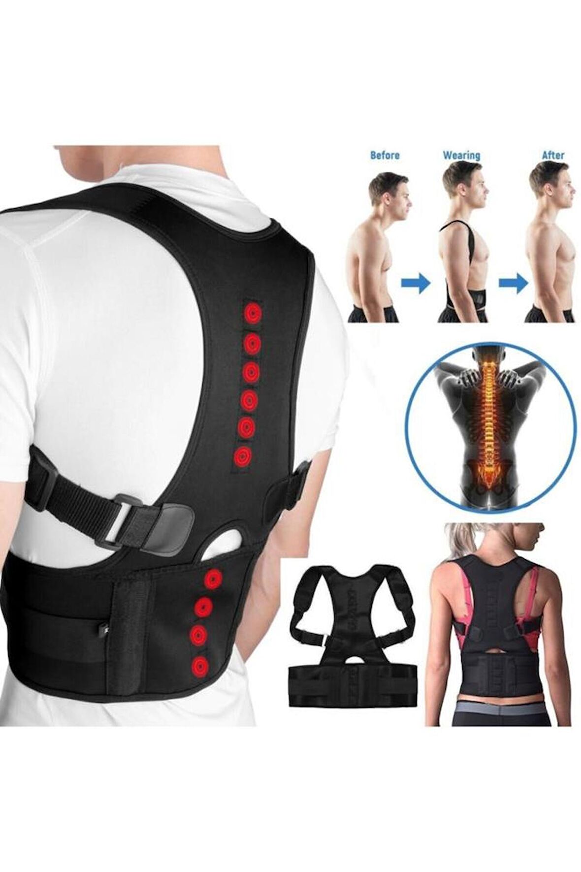 Unisex Siyah Bel Sırt Korse Aparatlı Kemerli Dik Duruş Durma Korsesi