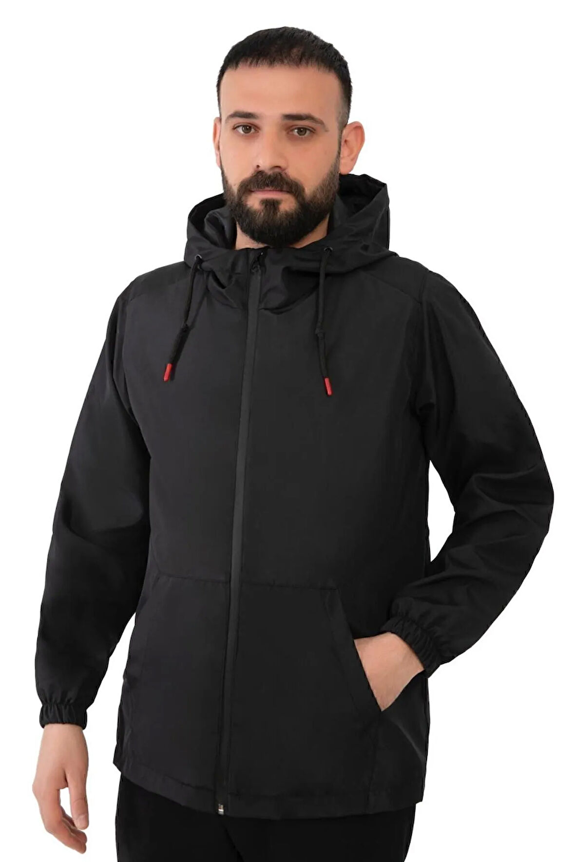Erkek Siyah Içi Astarlı Kanguru Cepli Su Ve Rüzgar Geçirmez Kapüşonlu Cepli Yağmurluk