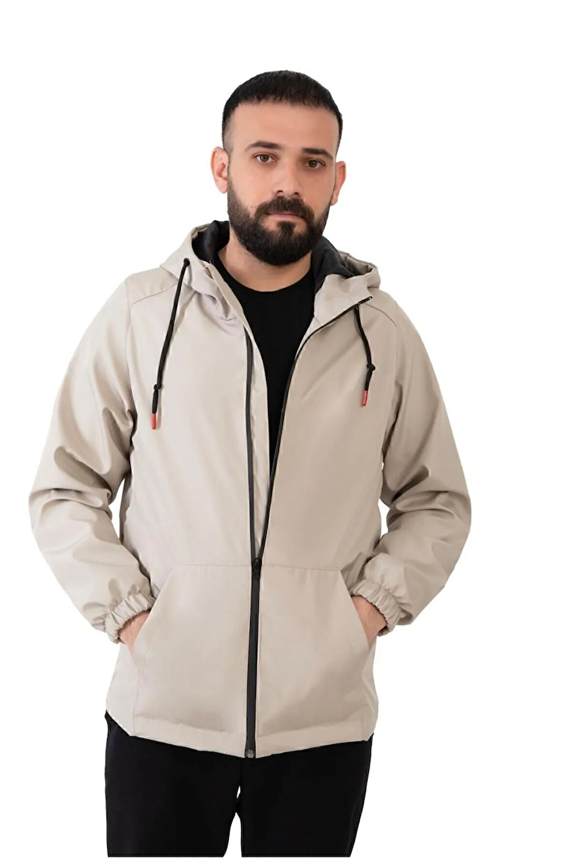 Erkek Taş Içi Astarlı Kanguru Cepli Su Ve Rüzgar Geçirmez Kapüşonlu Cepli Yağmurluk