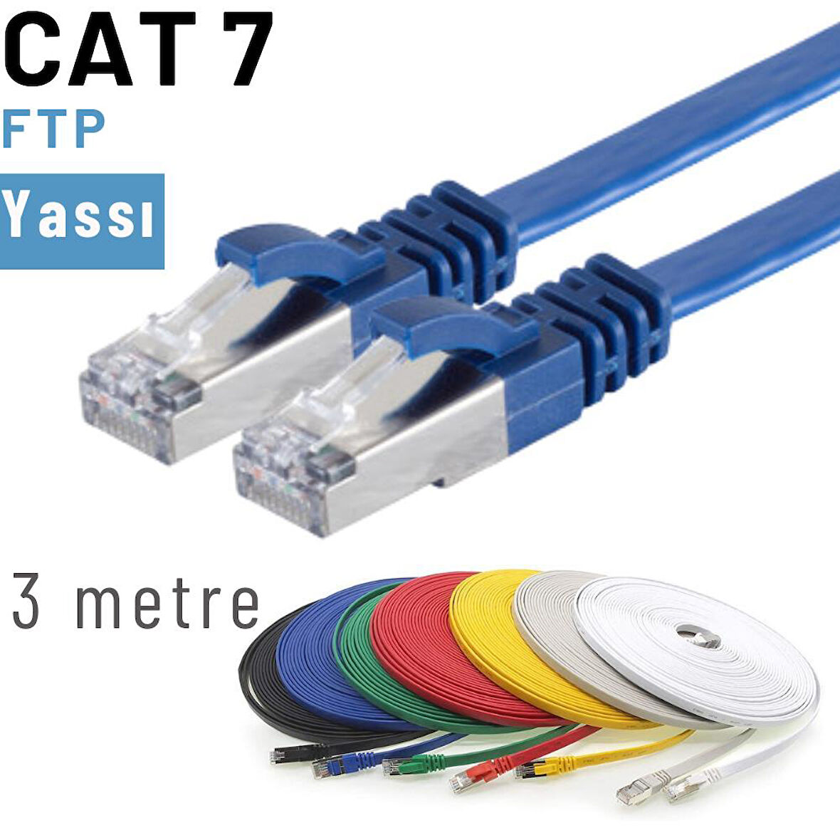IRENIS 3 Metre CAT7 Kablo Yassı FTP Ethernet Network LAN Ağ Kablosu 