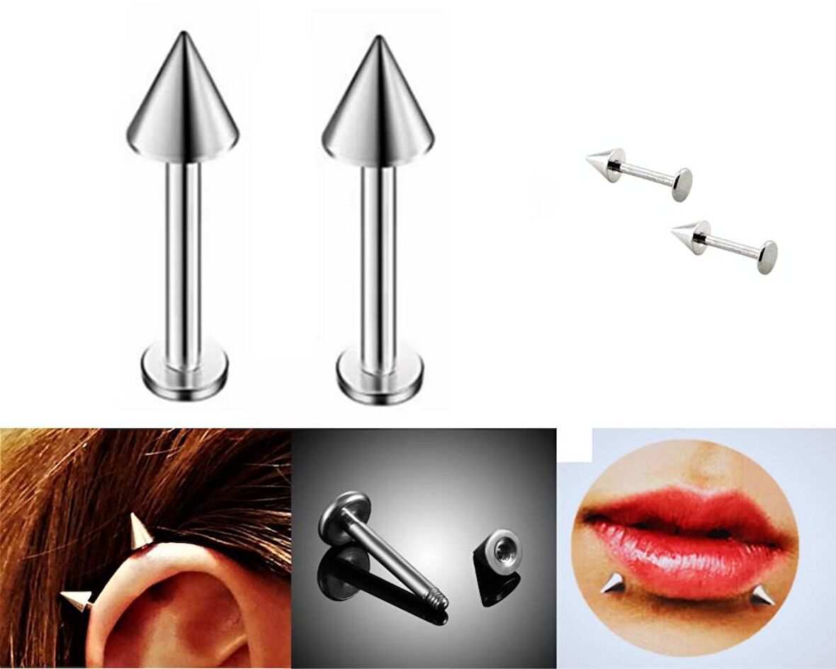 316L Cerrahi Çelik 2 Lİ SET SİVRİ UÇ 8 MM Piercing,Kulak,Dudak,Kıkırdak,Tragus,Helix-VP135