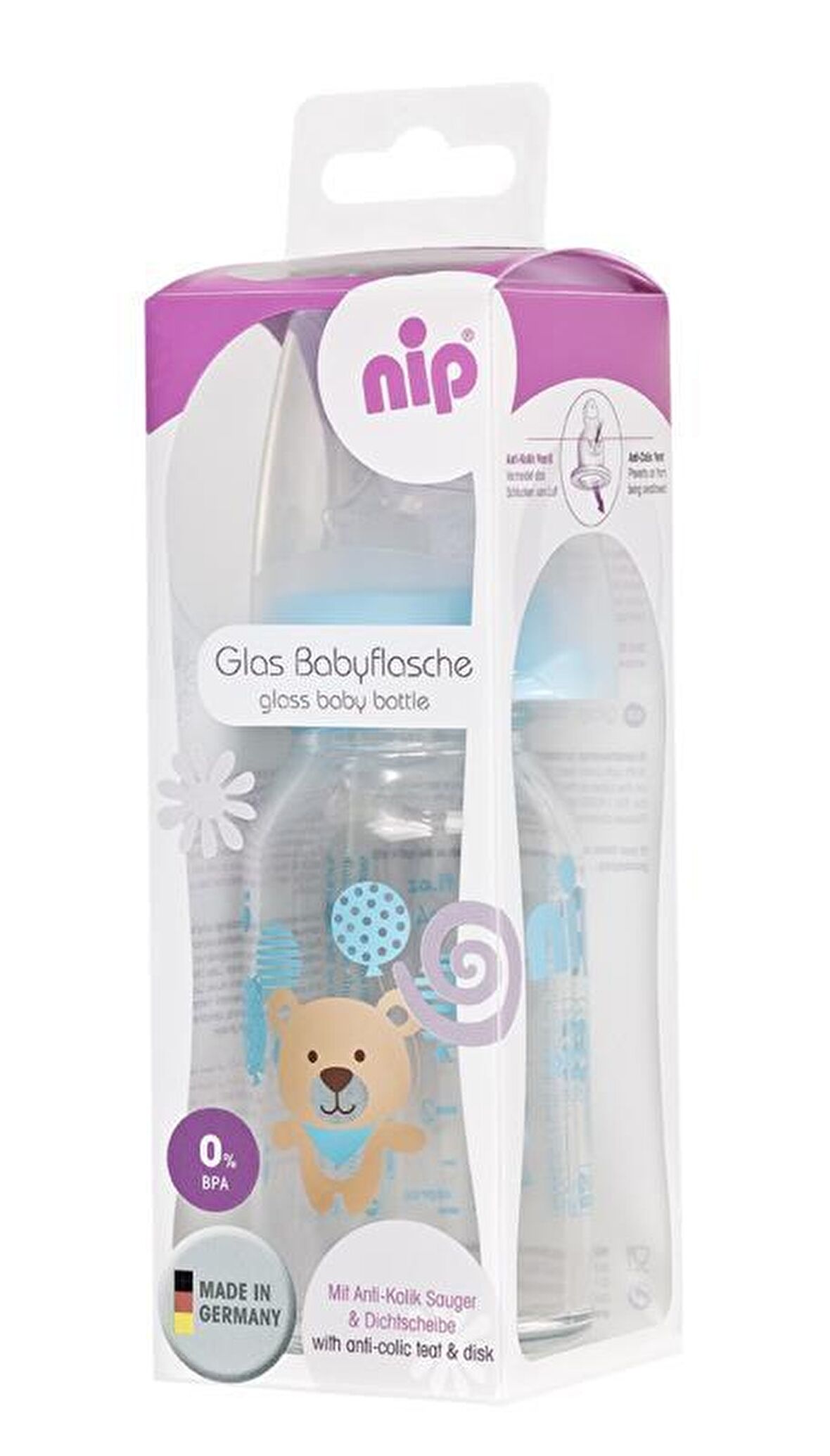 Nip Wide Neck Bottle 125 ml Antikolik Cam Biberon Erkek