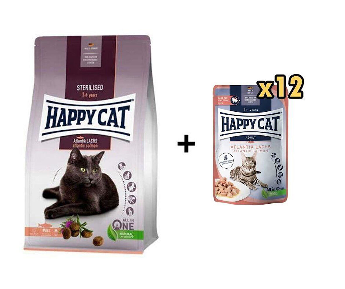 Happy Cat Sterilised Atlantic Somon Kısırlaştırılmış Kedi Maması 4 Kg + 12 Adet Happy Cat Somonlu Tahılsız Yetişkin Kedi Konservesi 85gr