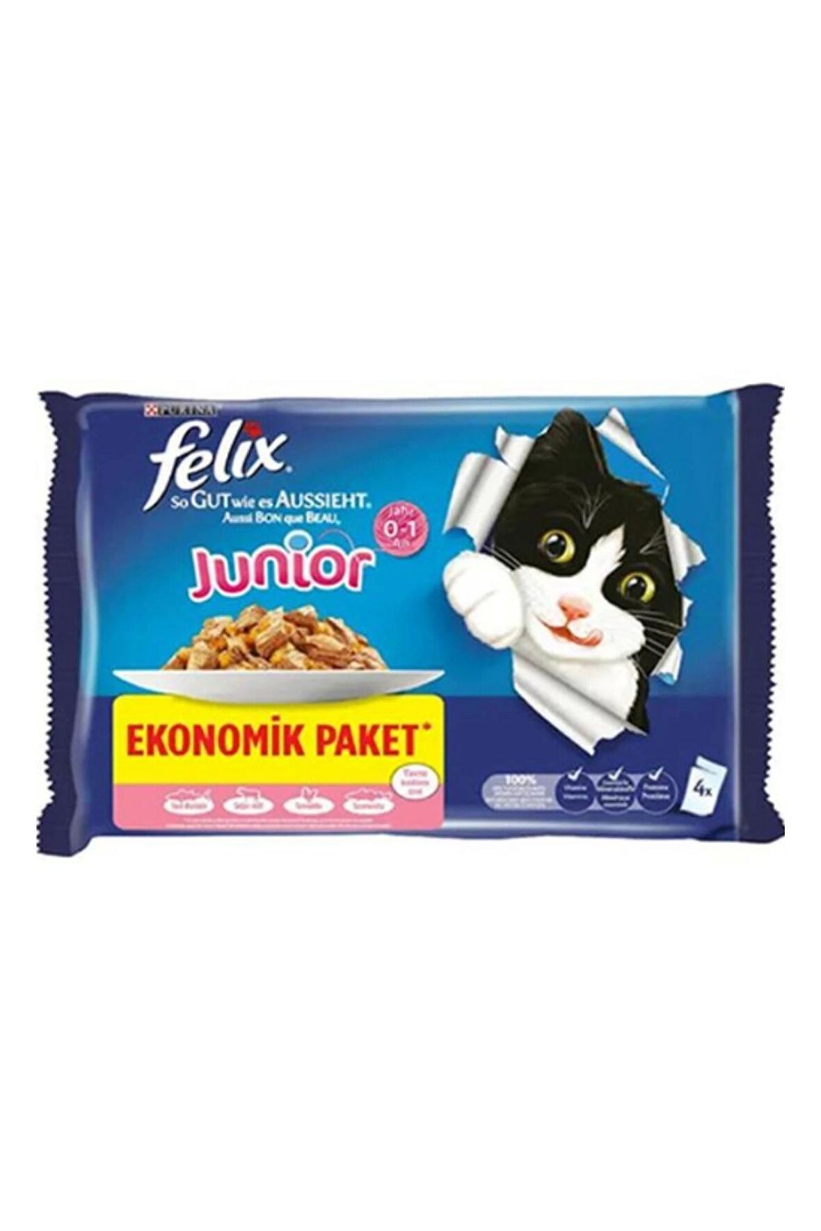 Felix Tavuklu Yavru Yaş Kedi Maması Ekonomik Paket 85 Gr (4Lü x 12 Paket)