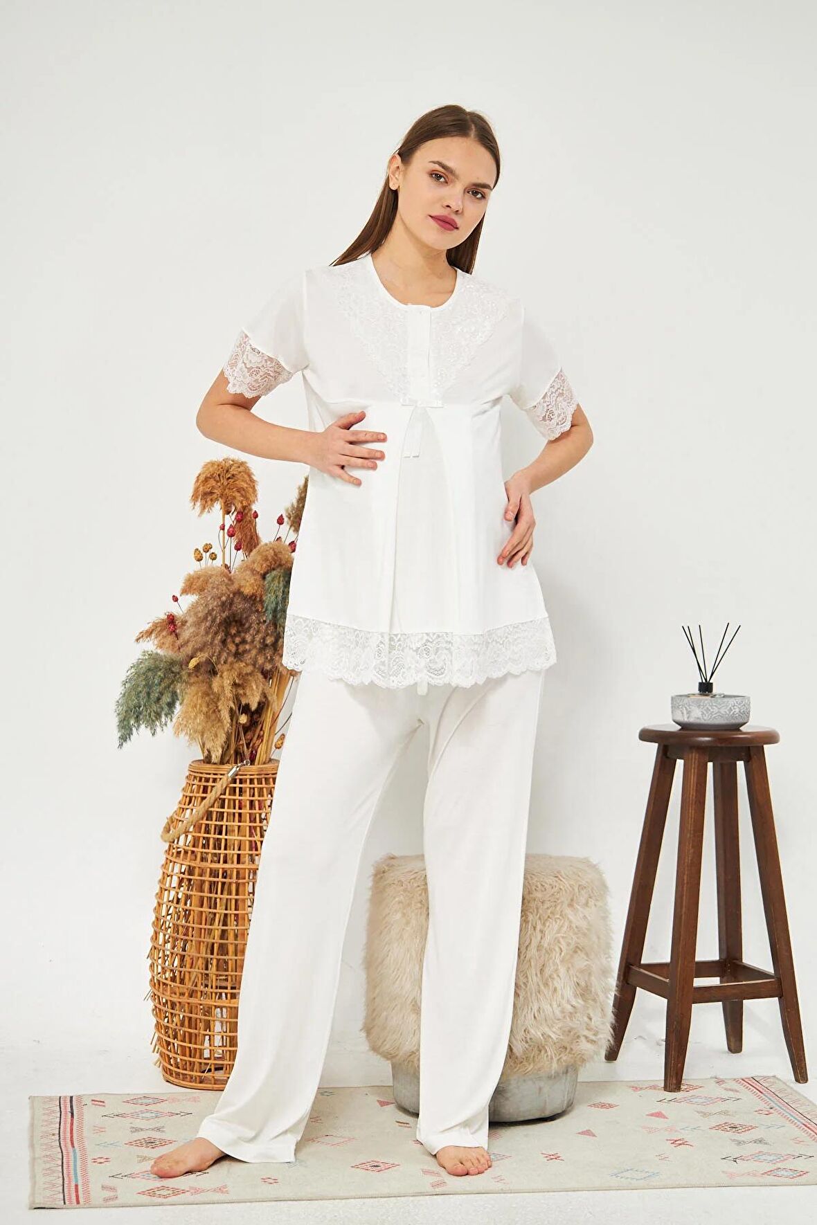 Ekru Kadın Hamile ve Lohusa Pijama Takımı 3'lü Set