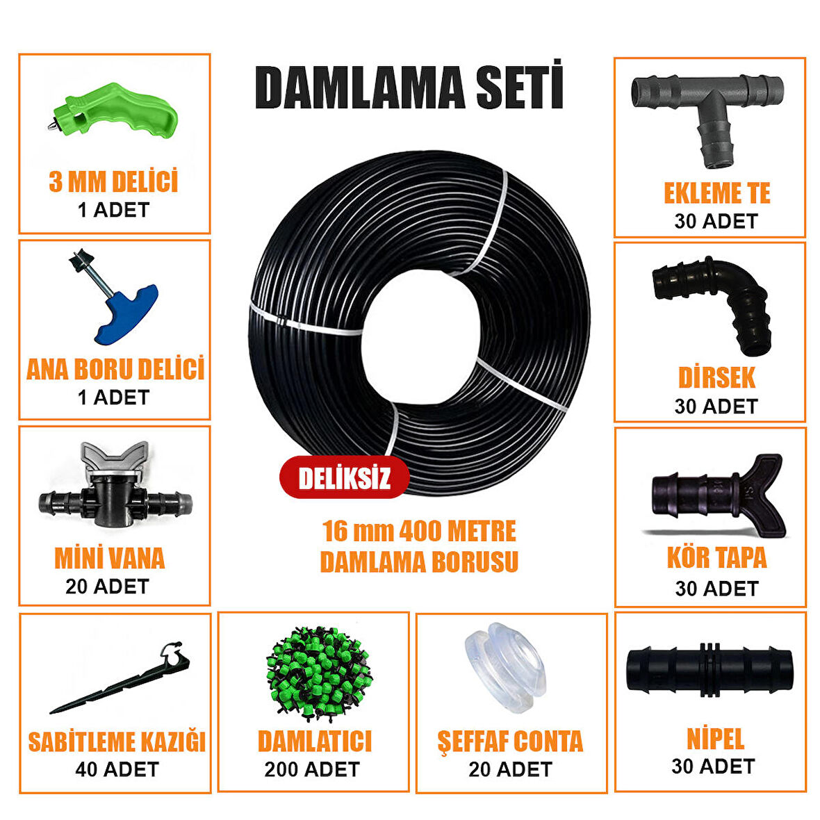 400 METRE DAMLA SULAMA SETİ DAMLAMA HORTUMU VE EK PARÇALARI BAHÇE AĞAÇ FİDAN SEBZE SULAMA EKİPMANLARI DAMLAMA BORUSU SİSTEMİ SETİ