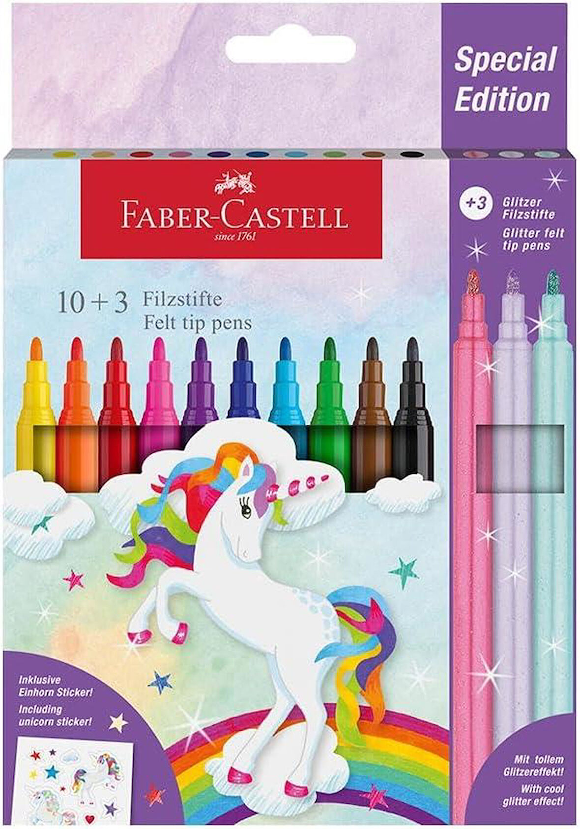 Faber Castell Unicorn keçeli kalem, sınırlı sayıda, 10 +3 renk, 3'ü özel parıltılı