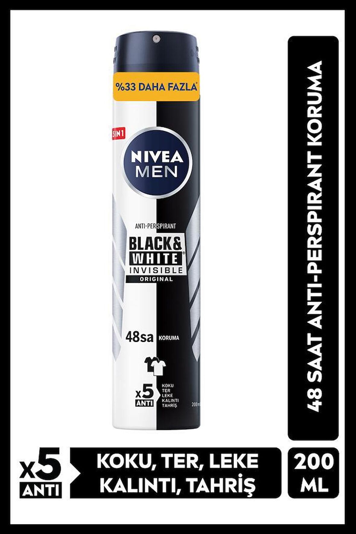 NIVEA MEN Erkek Sprey Deodorant  Black&White Invisible Original Ter ve Ter Kokusuna Karşı 48 Saat Anti-perspirant Koruma 200ml