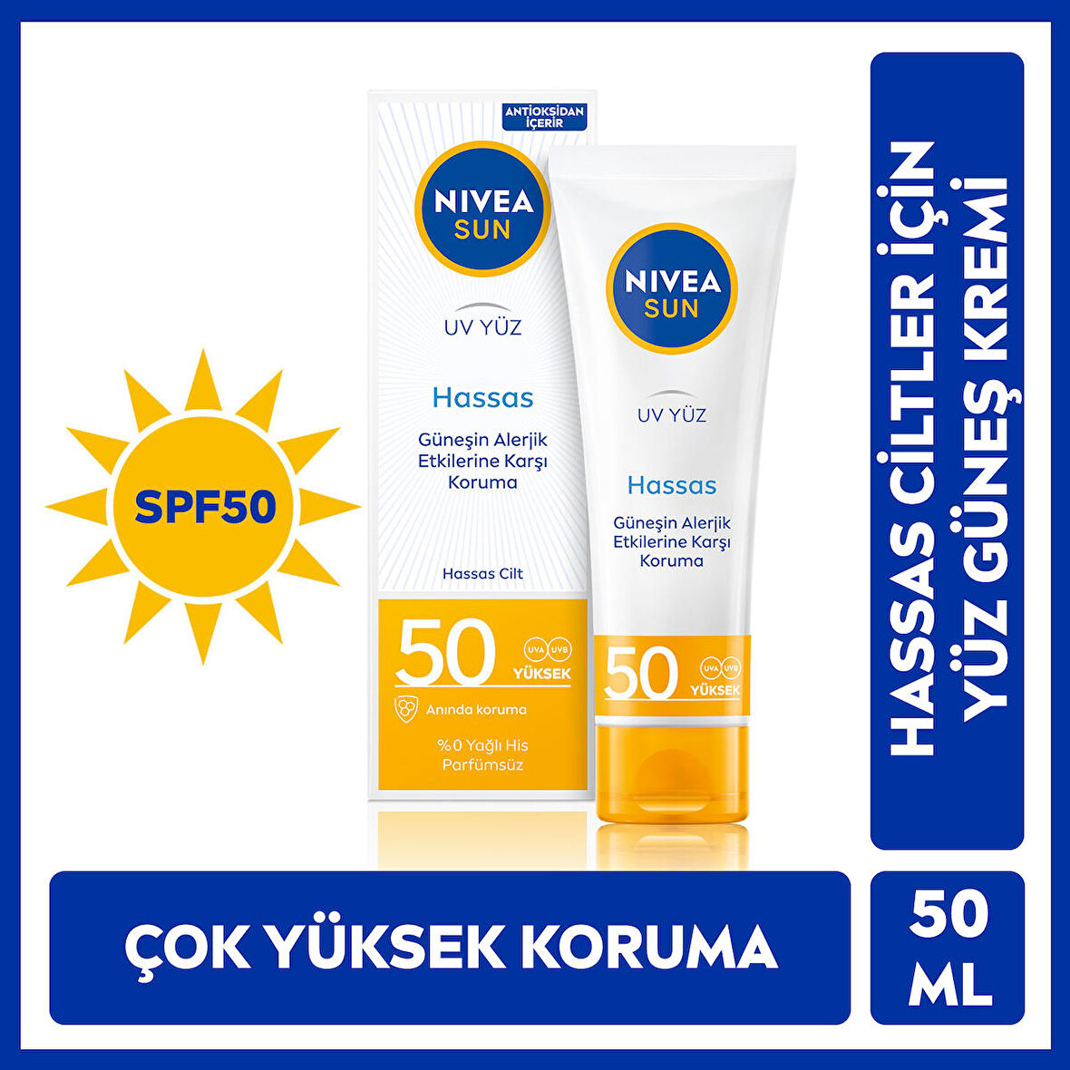 NIVEA Sun SPF50 Hassas Yatıştıran Nemlendirici Yüz Güneş Kremi 50 ml,Çok Yüksek Güneş Koruması