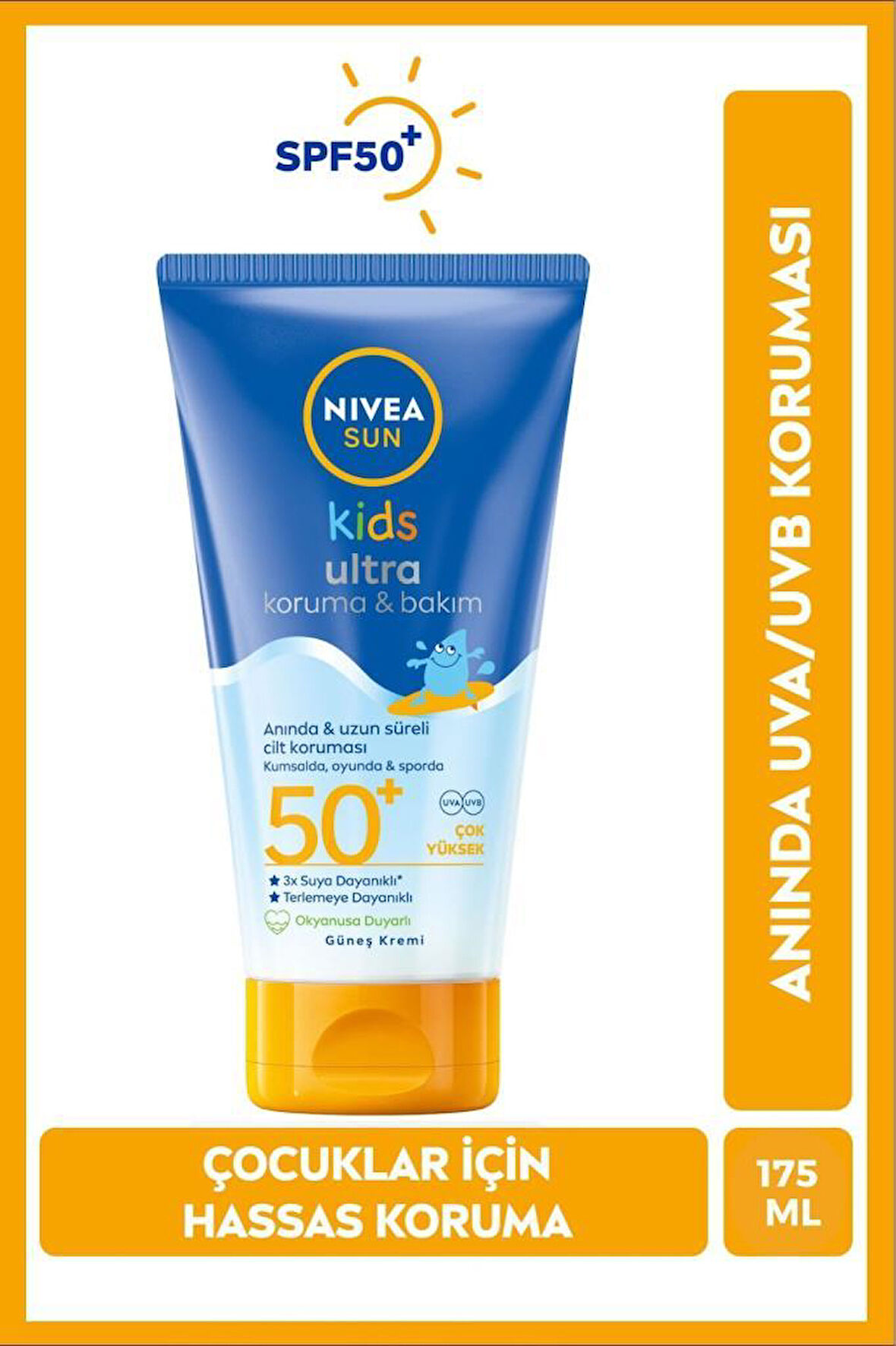 SUN SPF50 Çocuklar İçin Bakım ve Yüksek Güneş Koruyucu Vücut Kremi 175ml,Suya Dayanıklı, Hassas Cilt
