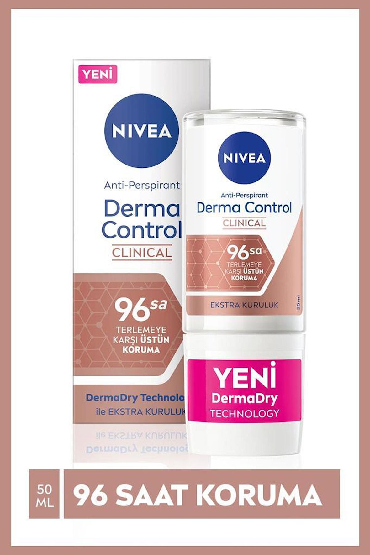 NIVEA Derma Control Clinical Kadın Roll-on 50 ml,96 Saat Üstün Koruma,Ekstra Kuruluk,Anti-perspirant