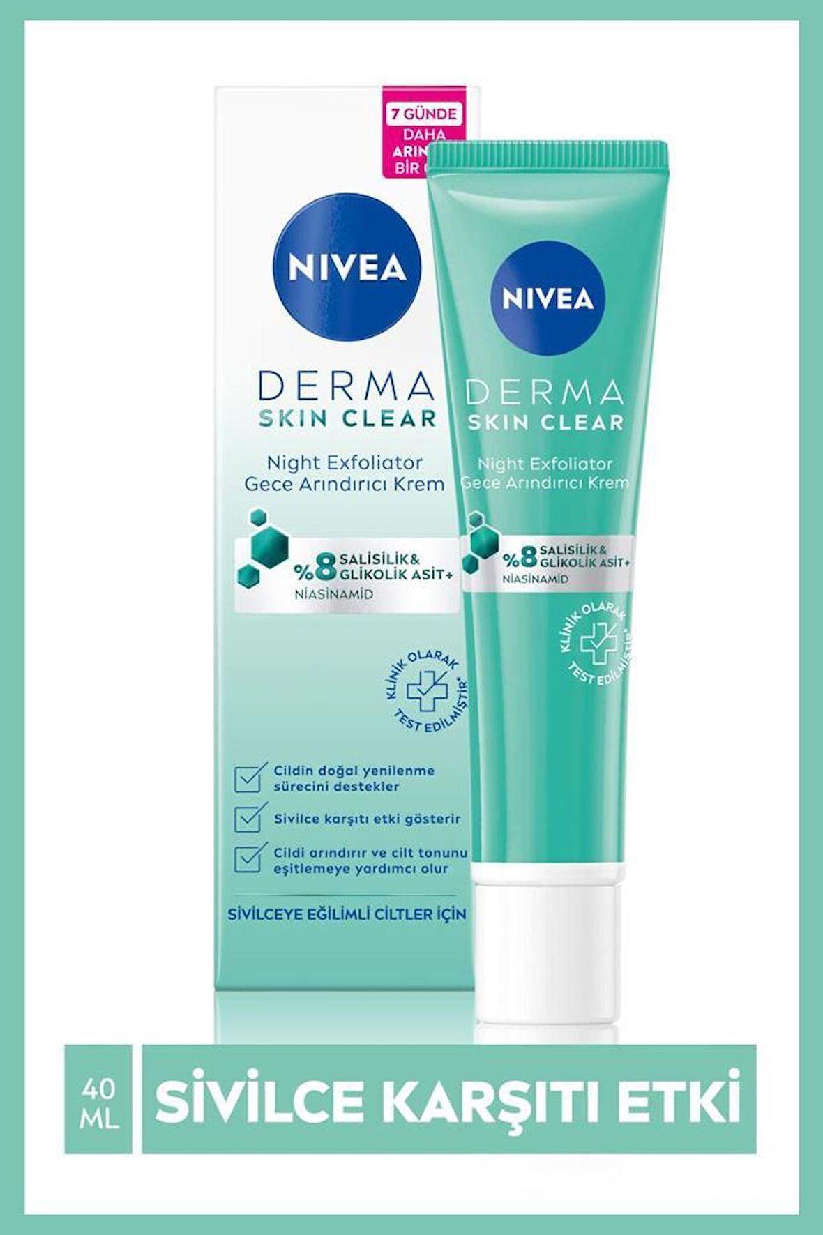 NIVEA Derma Skin Clear Night Exfoliator Gece Arındırıcı Krem 40ml, %8 Glikolik Asit (AHA) ve Salisilik Asit (BHA) ile Sivilce Karşıtı Etki,Eşit Cilt Tonu