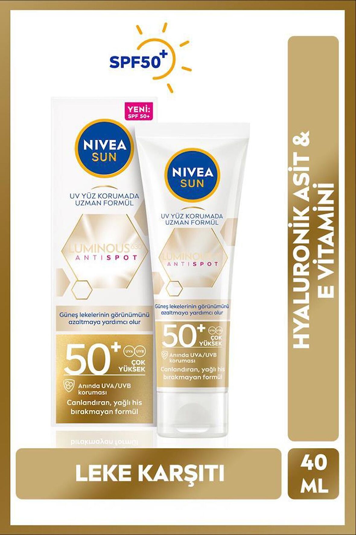 Luminous630 Leke Karşıtı Güneş Koruyucu Yüz Kremi 40ml, SPF50, Hyalüronik Asit, E Vitamini, UVA/UVB