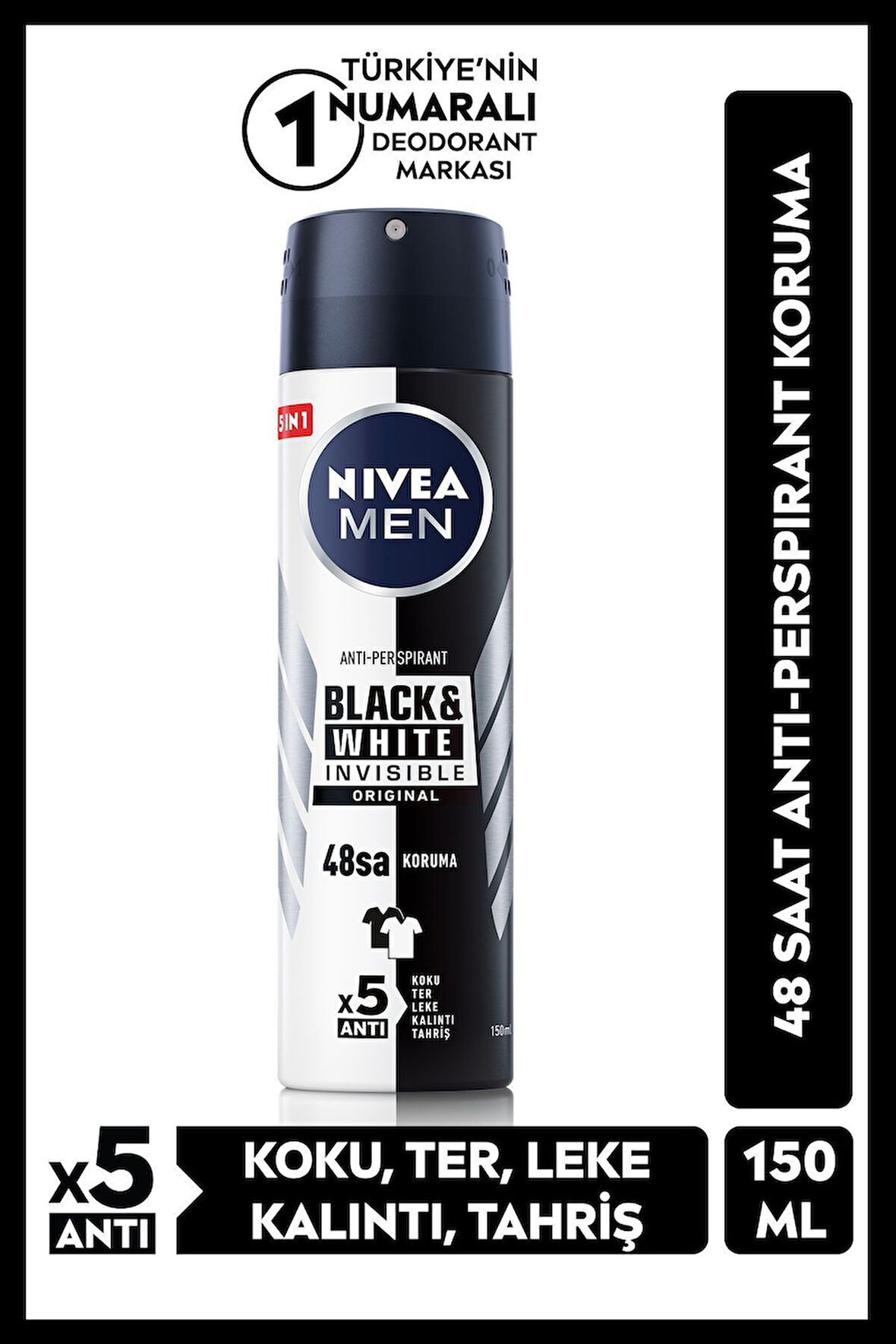 Nivea Men Erkek Sprey Deodorant Black&White Invisible Original 150ml, 48 Saat Anti-perspirant Koruma