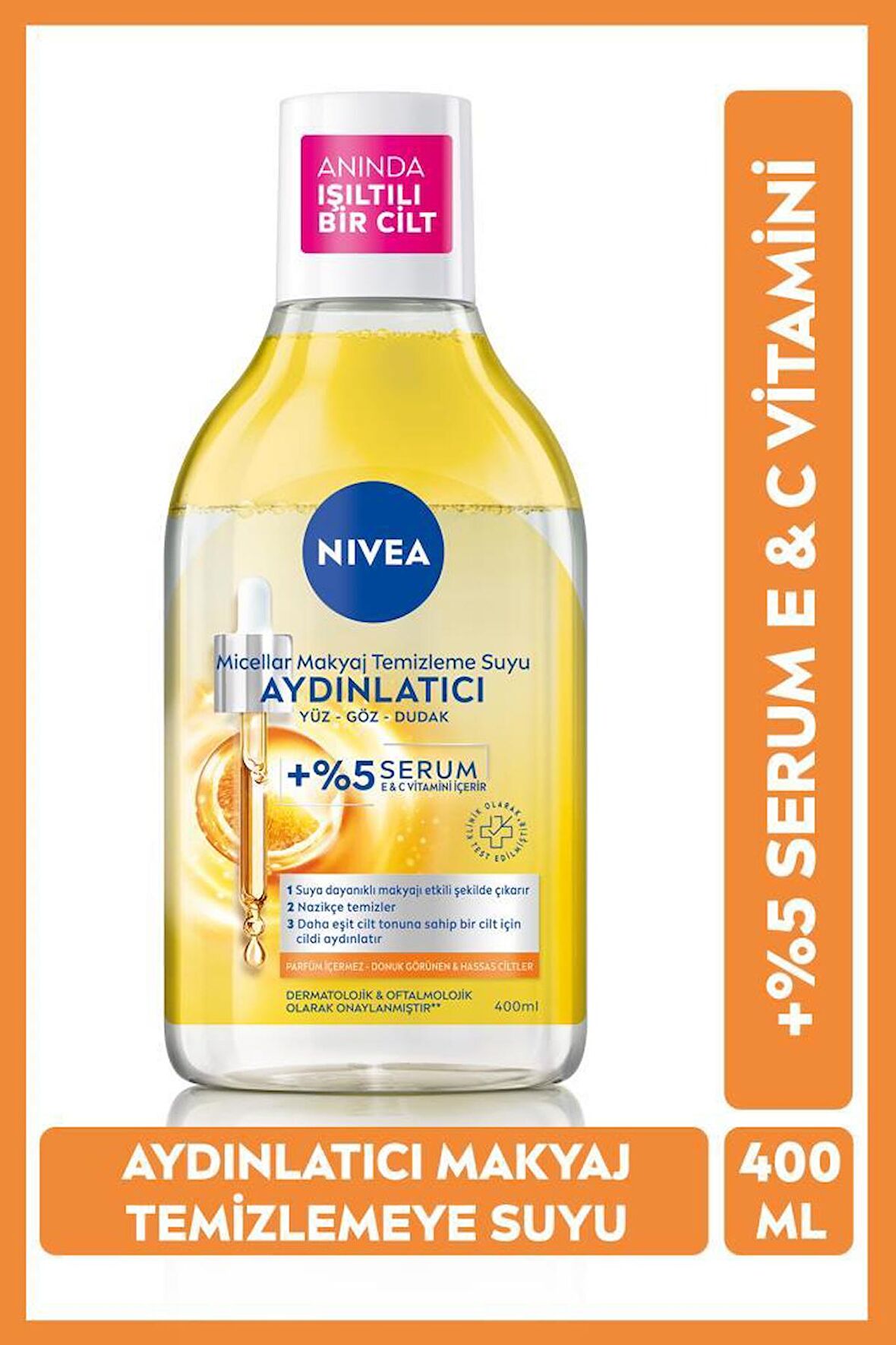 Aydınlatıcı Micellar Makyaj Temizleme Suyu 400ml, Serum İçerikli, Donuk ve Hassas Cilt Tipleri