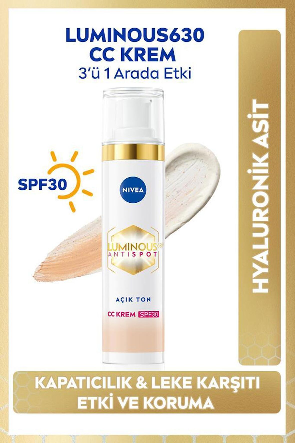 Luminous630 Koyu Leke Karşıtı CC Yüz Kremi 40ml, SPF30 Güneş Koruyucu, Hyaluronik Asit, Açık Ton