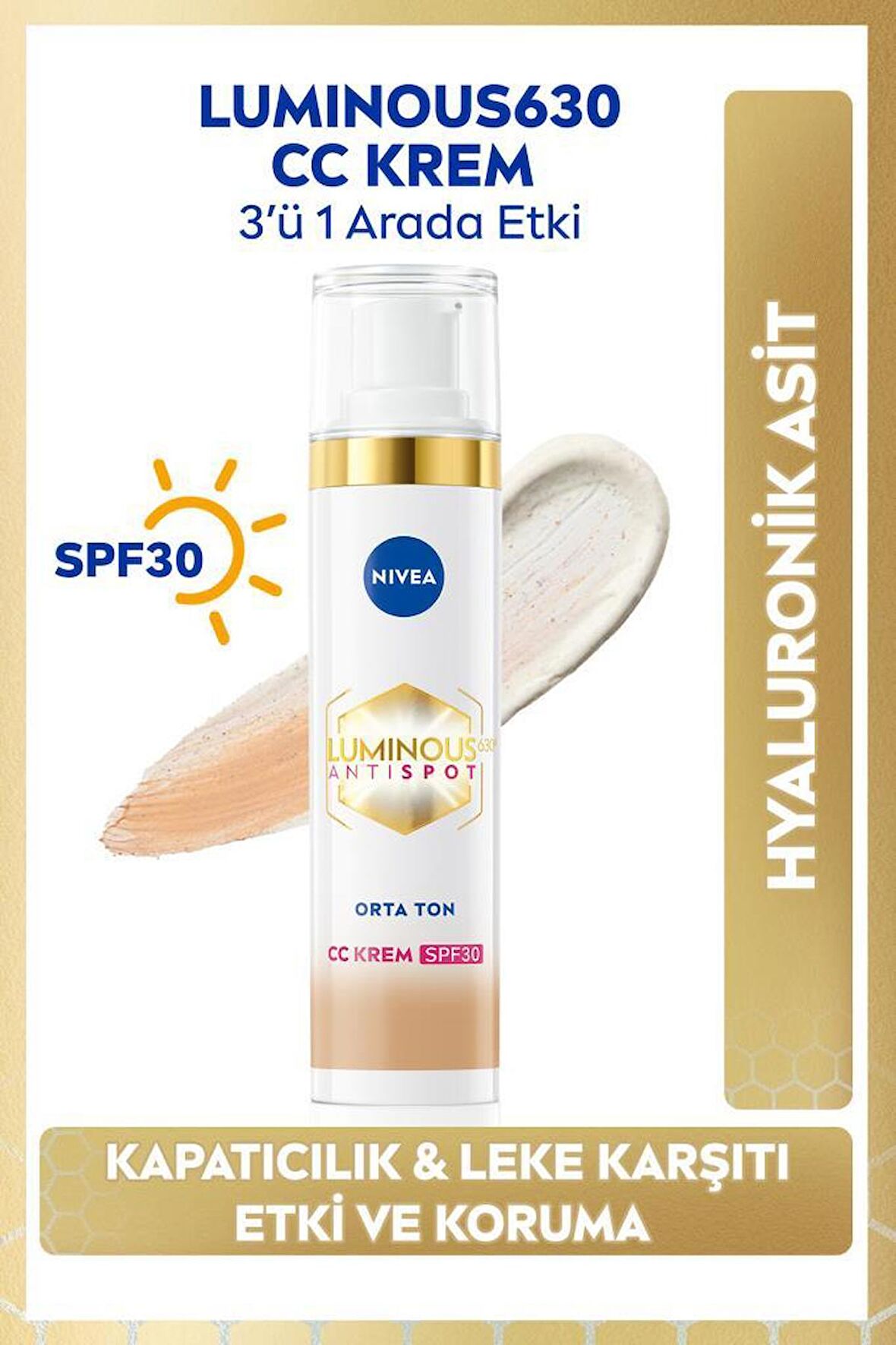 Luminous630 Koyu Leke Karşıtı CC Yüz Kremi 40ml, SPF30 Güneş Koruyucu, Hyaluronik Asit, Orta Ton