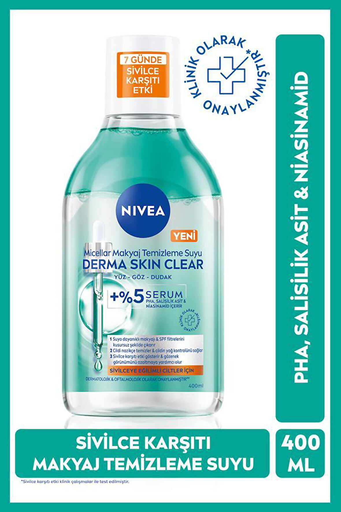 Micellar Makyaj Temizleme Suyu Derma Skin Clear 400 ml, Sivilce Karşıtı,Niasinamid,Salisilik Asit,PHA