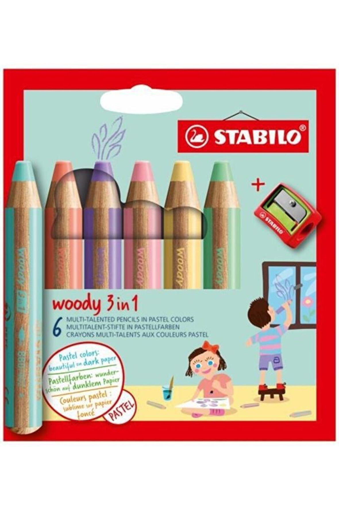 Stabilo Woody Pastel Renkler Kuru boya 3in1 6 Renk + Kalemtraş