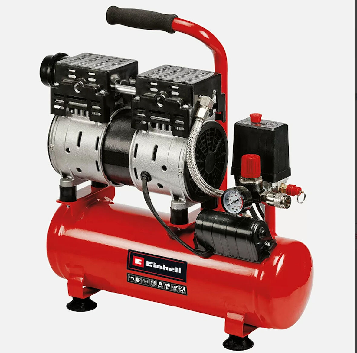 Einhell Sessiz Hava Kompresörü TE-AC 110/6 Silent Plus (550 W, maks. 8 bar, 6 l-Tank, 110 l/dakika emiş kapasitesi, motor hızı 1450 d/dak, manometre, hızlı bağlantı, yağsız) - 4020600