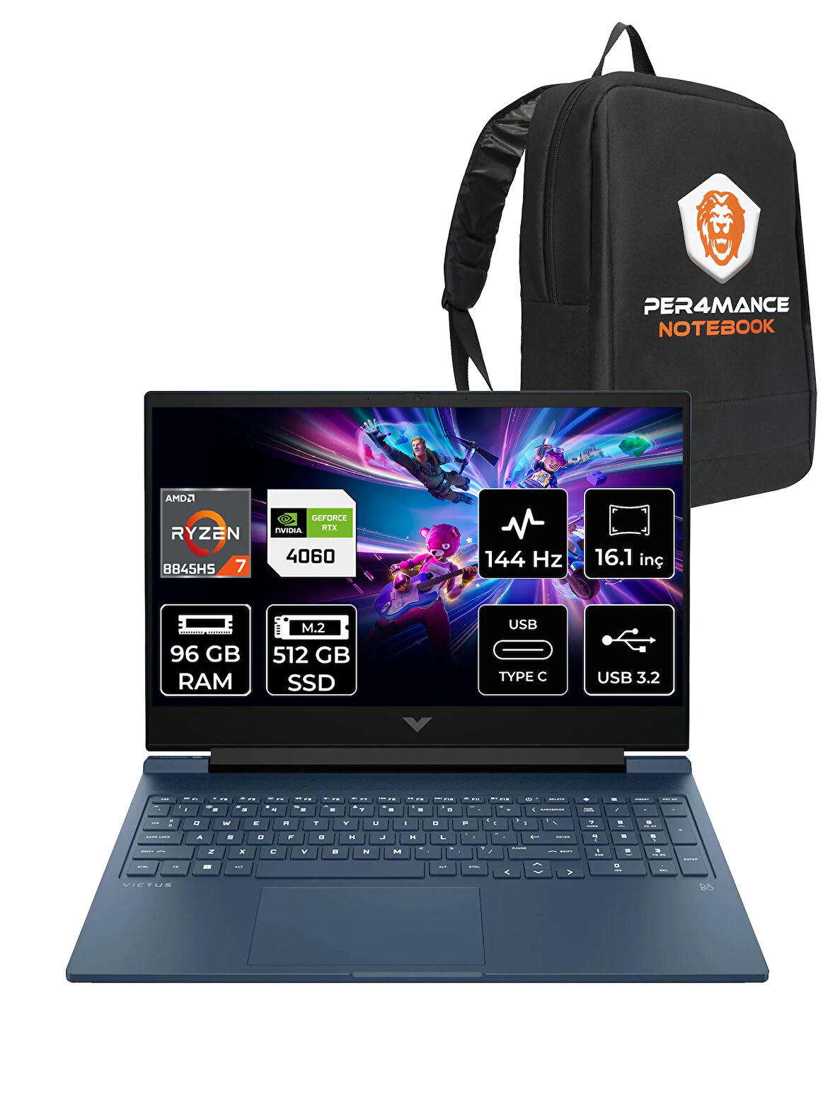 HP VİCTUS 16 R7 8845HS 96GB 512GB SSD RTX4060/8GB 144HZ 16.1'' FHD FDOS A05N8EA & PER4 ÇANTA