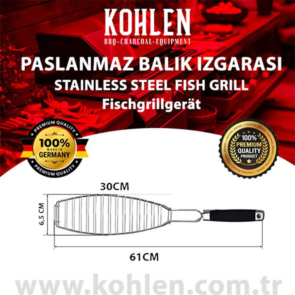 KOHLEN Grillbratör Balık Izgara Teli Paslanmaz Çelik