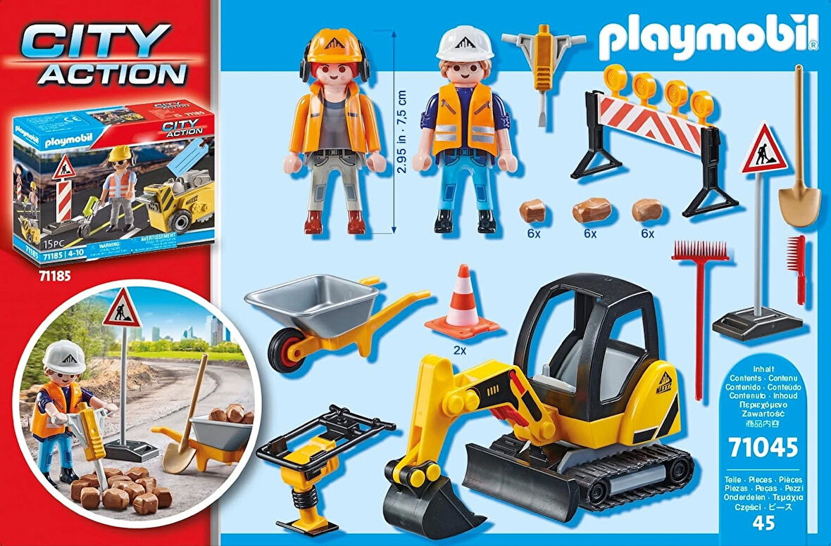 Playmobil 71045 Yol Çalışmaları İnşaat Alanı Promosyon Paketi, Playmobil city life, inşaat, yol çalışmaları, yol süpürgesi, şantiye, inşaat oyuncakları, kazıcı, 4 yaş ve üzeri için uygun oyun seti