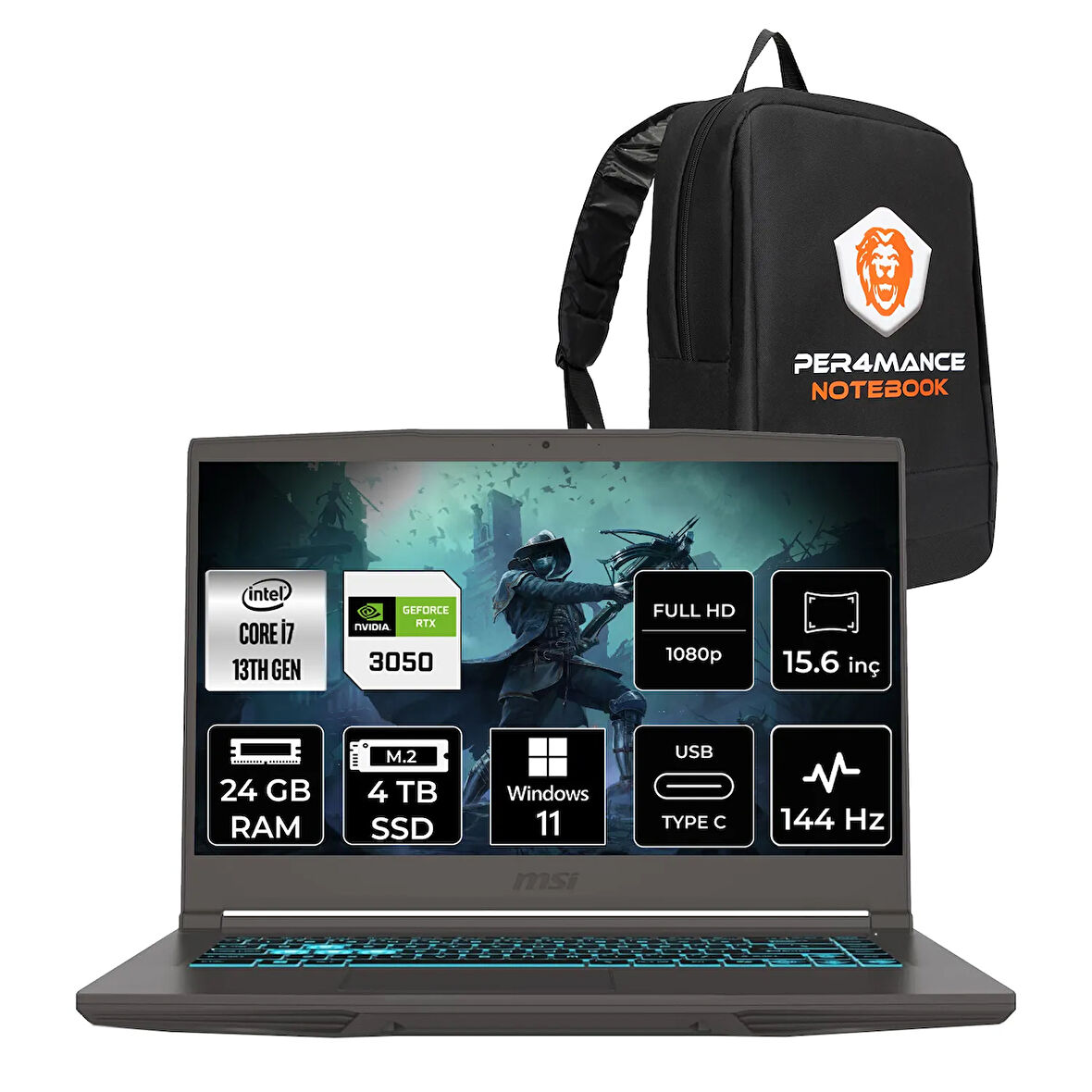 MSI Thin 15 i7 13620H 24GB 4TB SSD RTX3050/4GB 15.6" FHD 144HZ W11H Gaming Laptop & PER4 ÇANTA