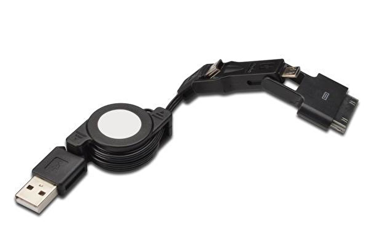 Digitus AK-620300-075-S 0.75 Mt USB 2.0 to micro USB 30 Pin to USB 2.0 Erkek-Erkek 3 in 1 Makaralı Kablo