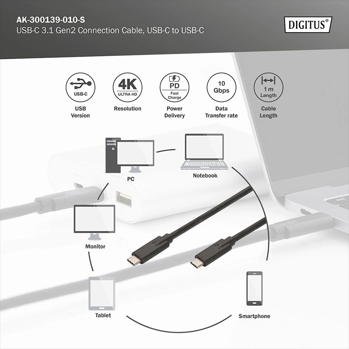 2 Metre Digitus Şarj Görüntü Ses 4K Type-C to Type-C Kablo 10Gbps 5A