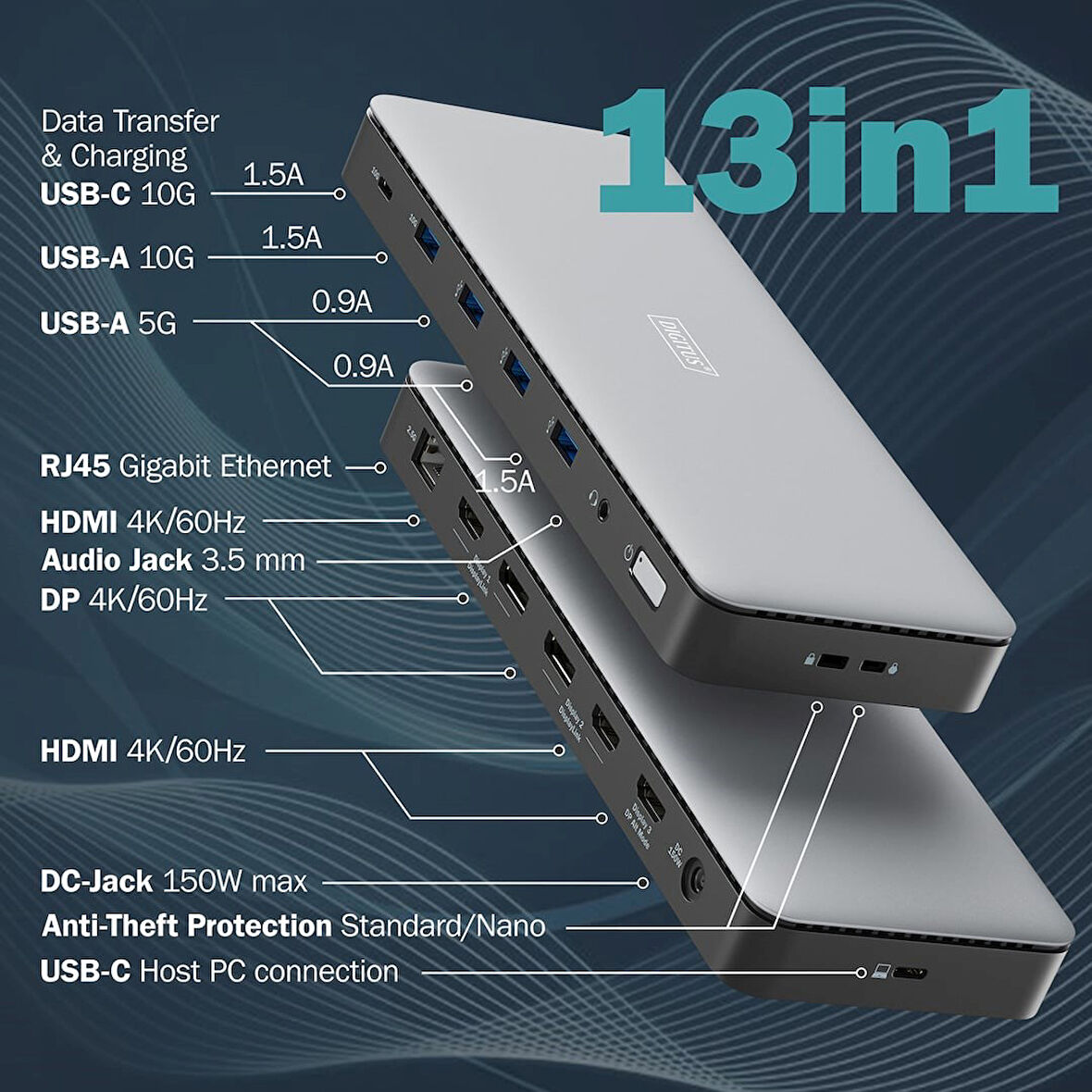 DIGITUS USB-C Docking Statio 3.2 Gen 2 bağlantı noktası (10 Gbit/s),13 Port