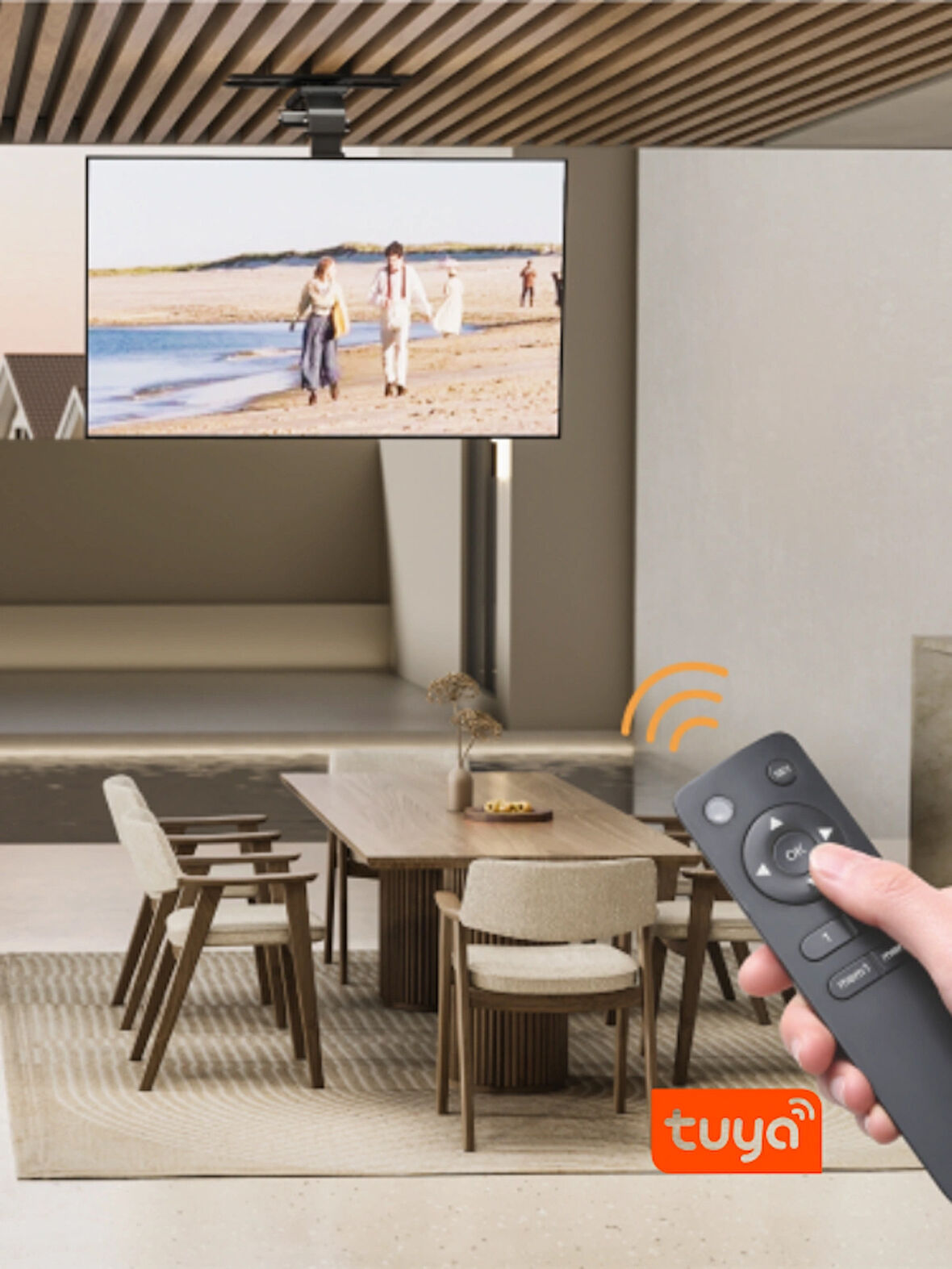 Motorlu Katlanır Tavan Tipi TV Askı Aparatı (37"-75") – Akıllı Uzaktan Kumandalı