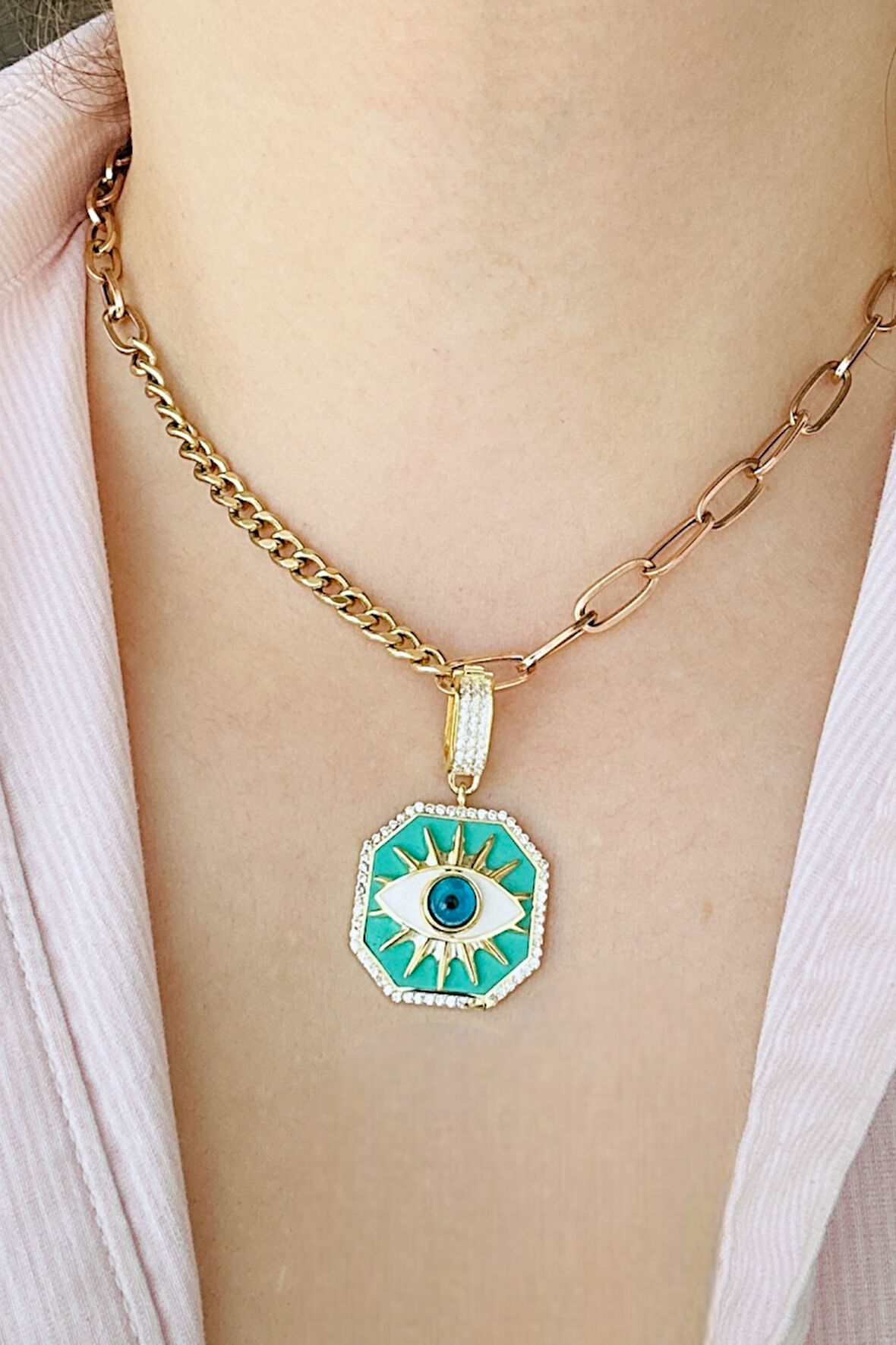 Yeşil Mineli Beyaz Göz Gold Klipsli Kolye Ucu & Ajda Bilezik Charm | 925 Ayar Gümüş