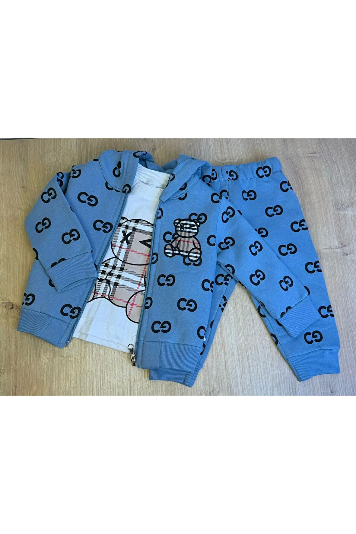 3'lü Bebek Çocuk Şardonlu Kapişonlu Sweatshirt Uzun Kollu Tshirt Ve Eşohman Altı Takımı
