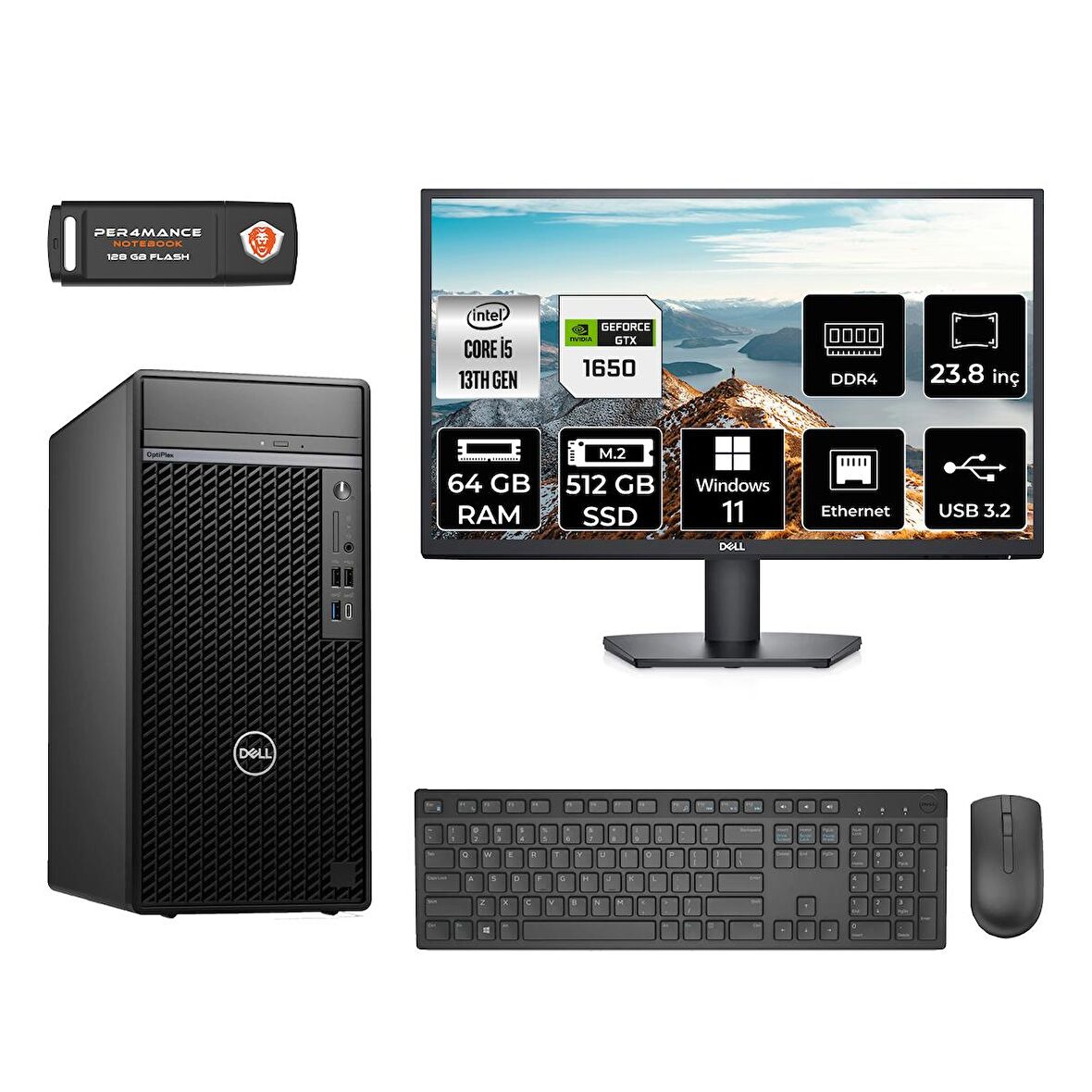 Dell OptiPlex 7010MT i5 13500 64GB 512GB SSD GTX1650/4GB W11H N010O7010MTU MASAÜSTÜ PC & 23.8" MONİTÖR