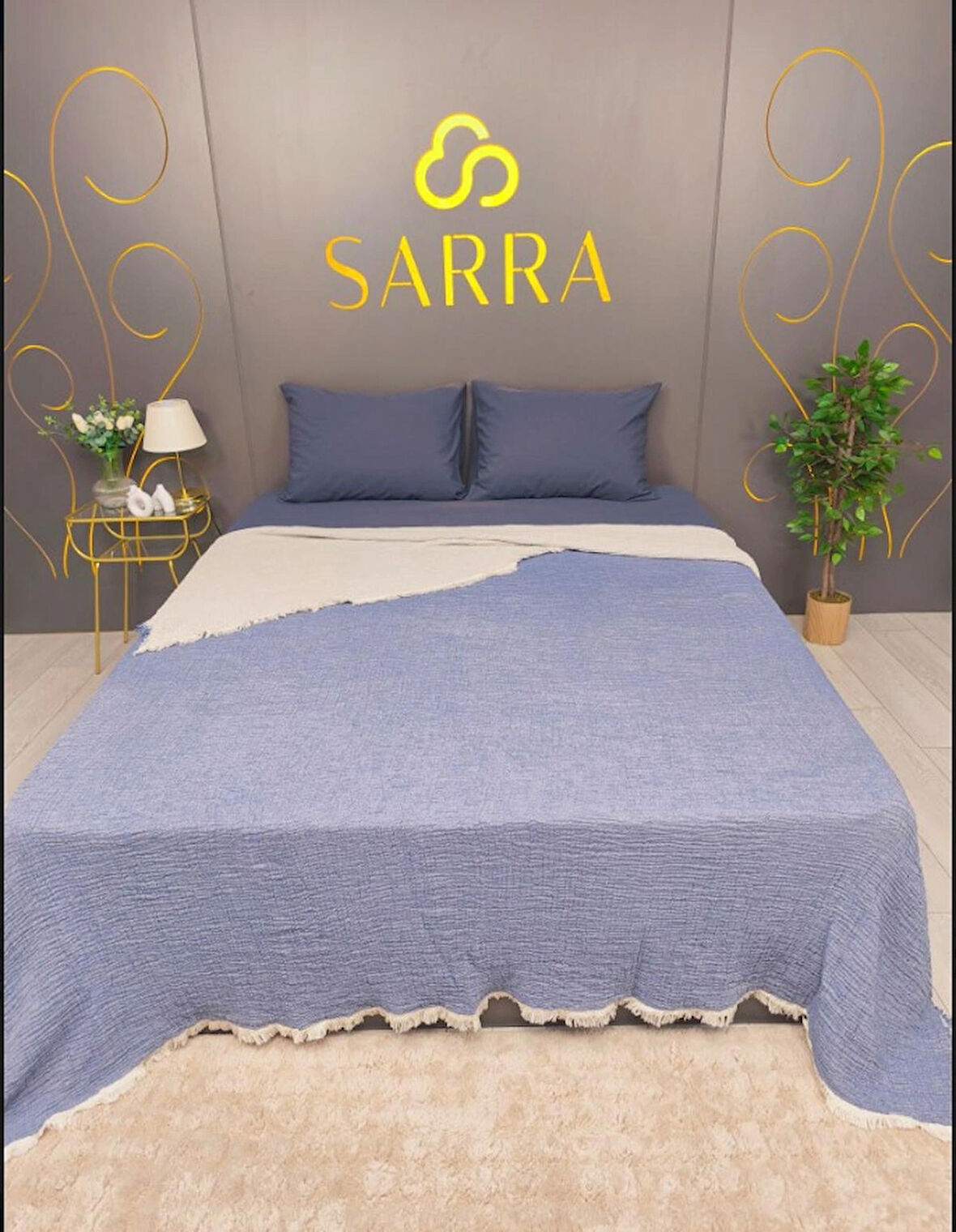 SARRA 220X240 ÇİFT KİŞİLİK MÜSLİN YATAK ÖRTÜSÜ - İNDİGO MAVİ