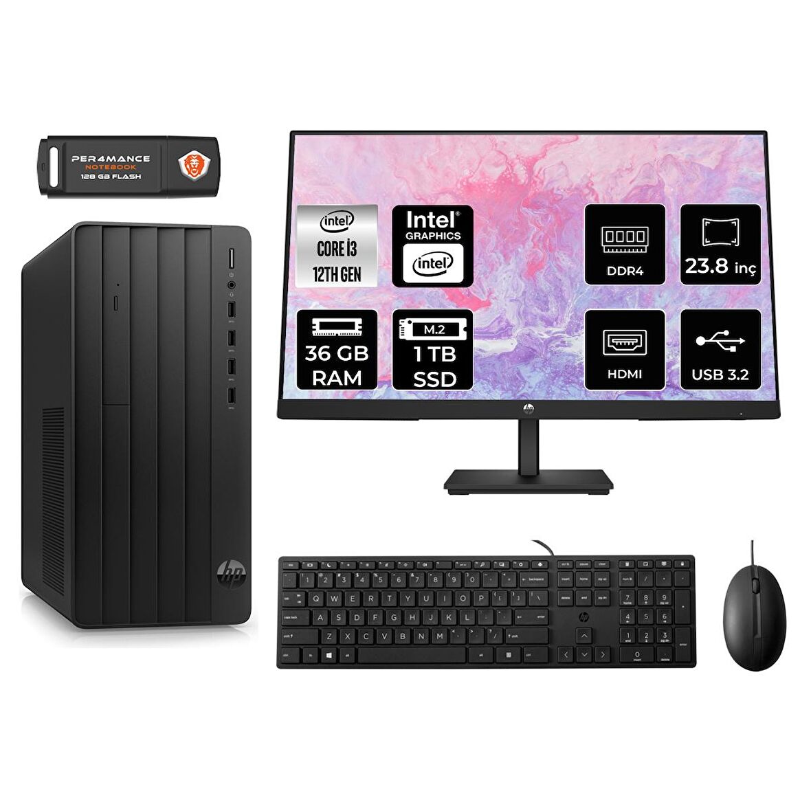HP P TOWER 290 G9 i3 12100 36GB RAM 1TB SSD FDOS 6D3A1EA MASAÜSTÜ PC & 23.8'' MONİTÖR
