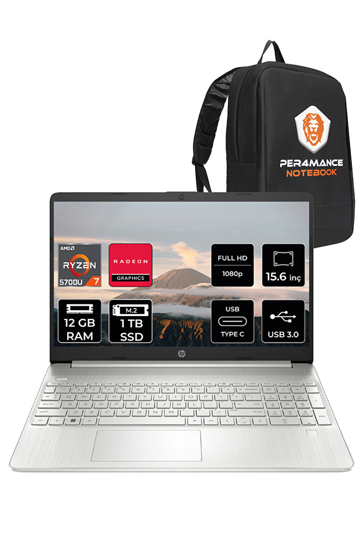 HP 15S-EQ2000NT R7 5700U 12GB RAM 1TB SSD 15.6'' Full HD FDOS Dizüstü Bilgisayar & PER4 ÇANTA 