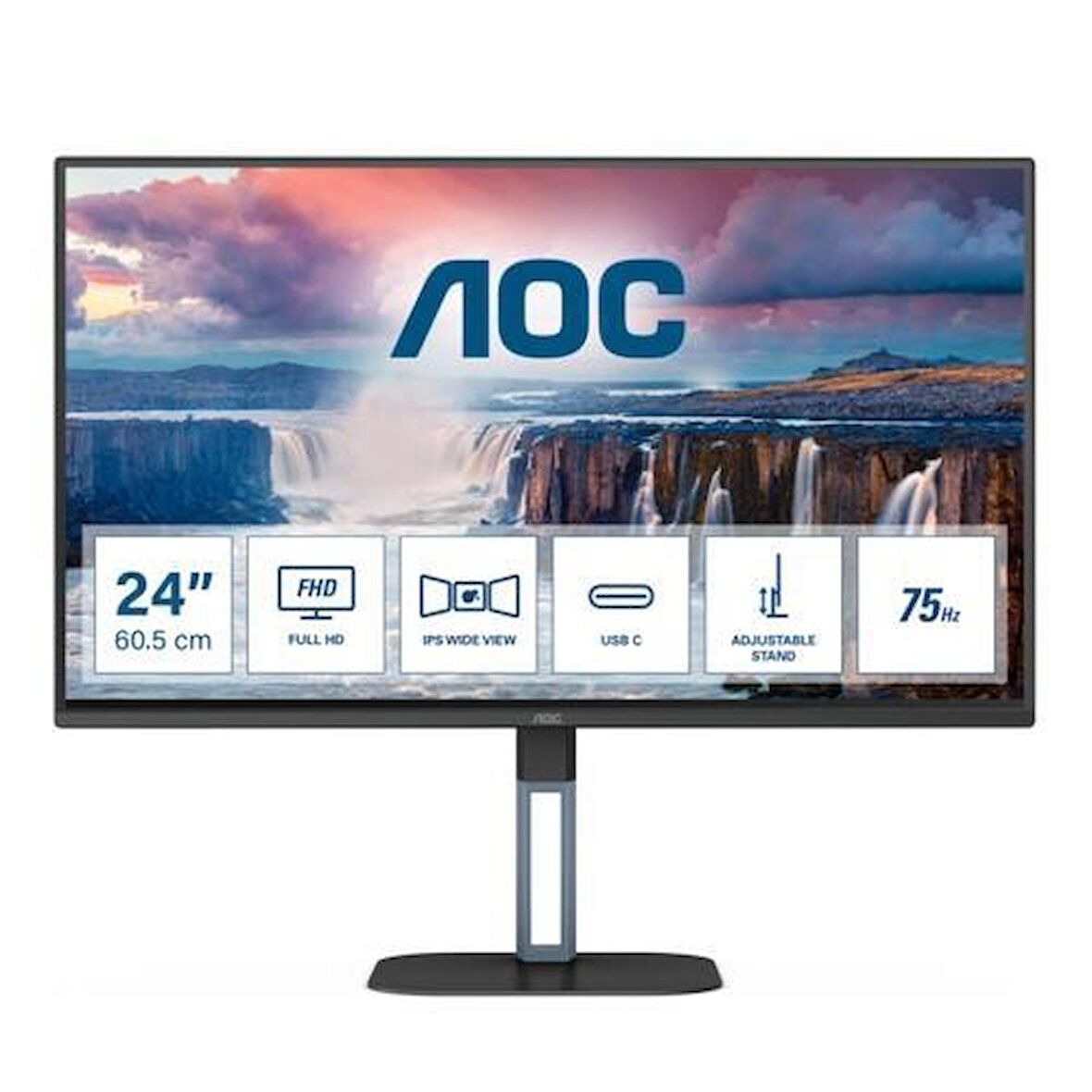 AOC 23.8" 24V5C/BK IPS Type-C Pivot Monitör 1ms Siyah 1920x1080, 75Hz, Type-C, DP, HDMI, USB, Hoparlör, Vesa