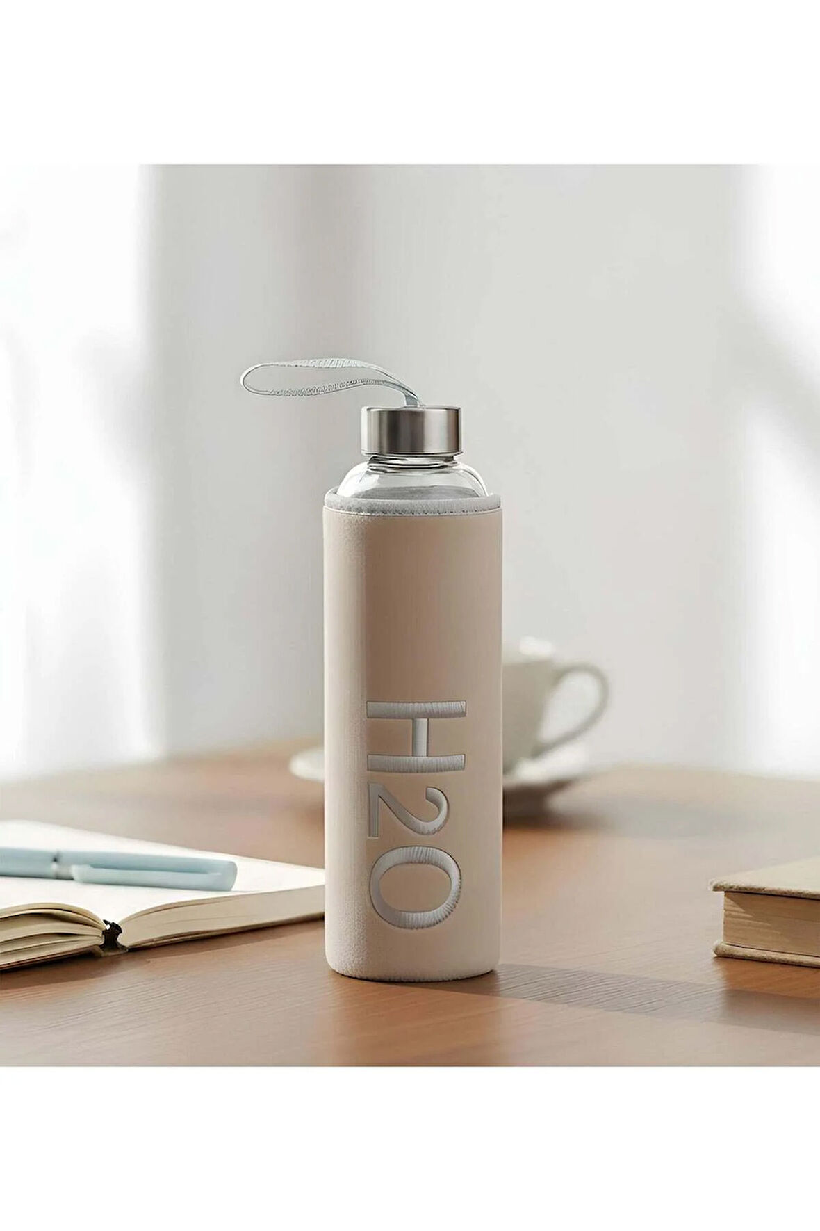 Bej 600ml Peluş Kılıflı Cam Matara