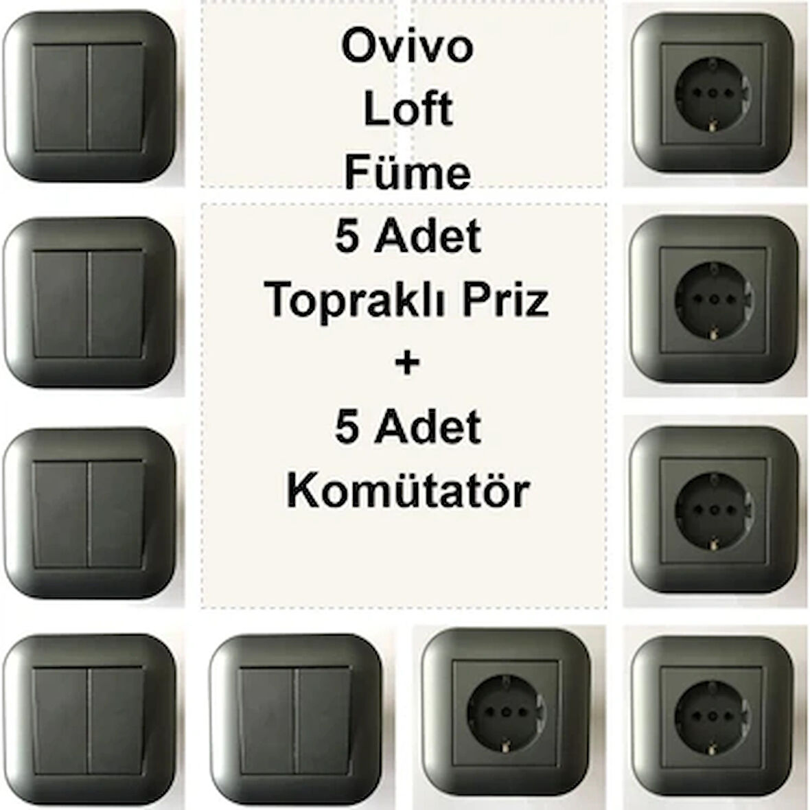 Asyagrup Ovivo Loft Füme İkili Set - Komütatör Priz - Çerçeve Dahil