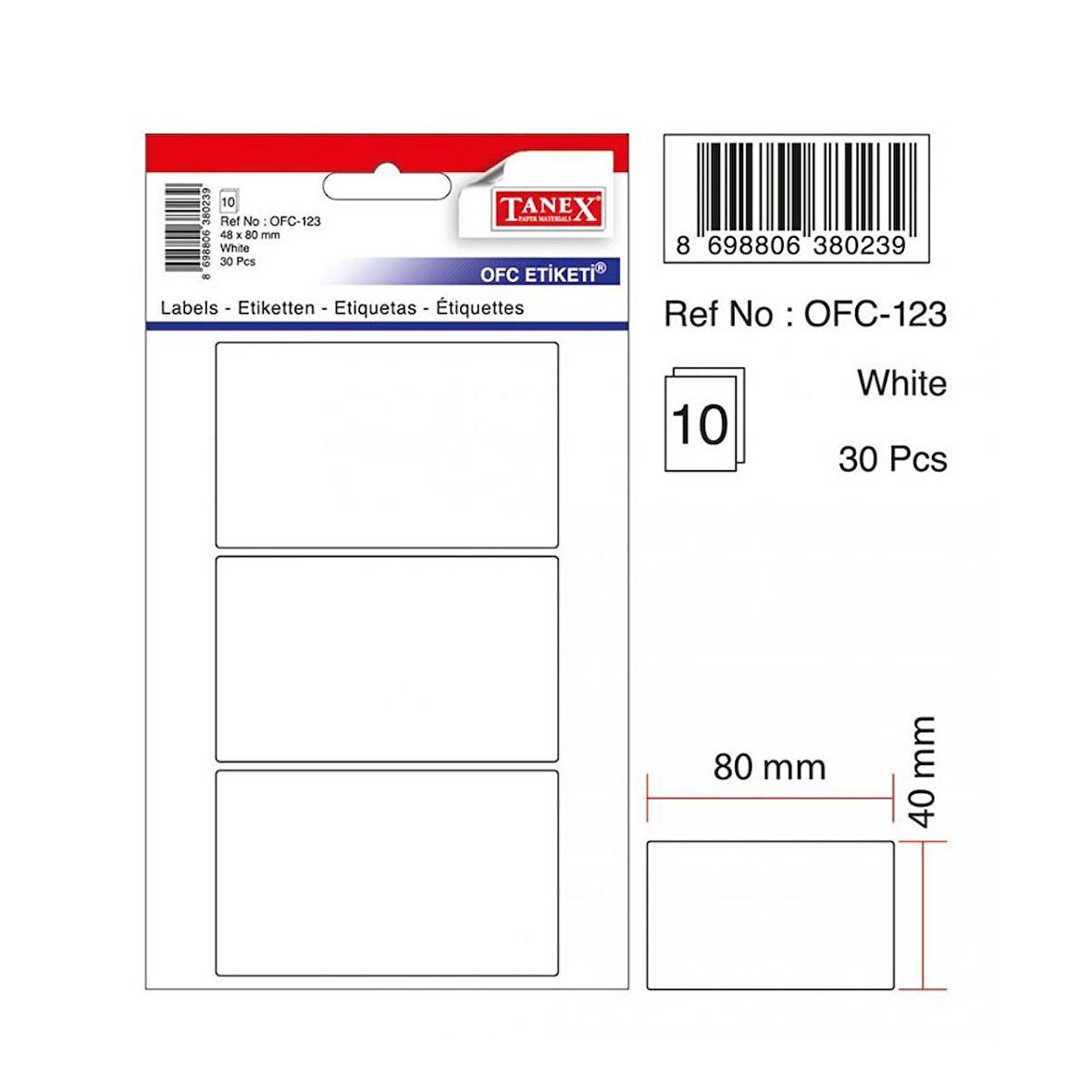 Tanex Beyaz Ofis Etiketi 10 Adet Ofc-123
