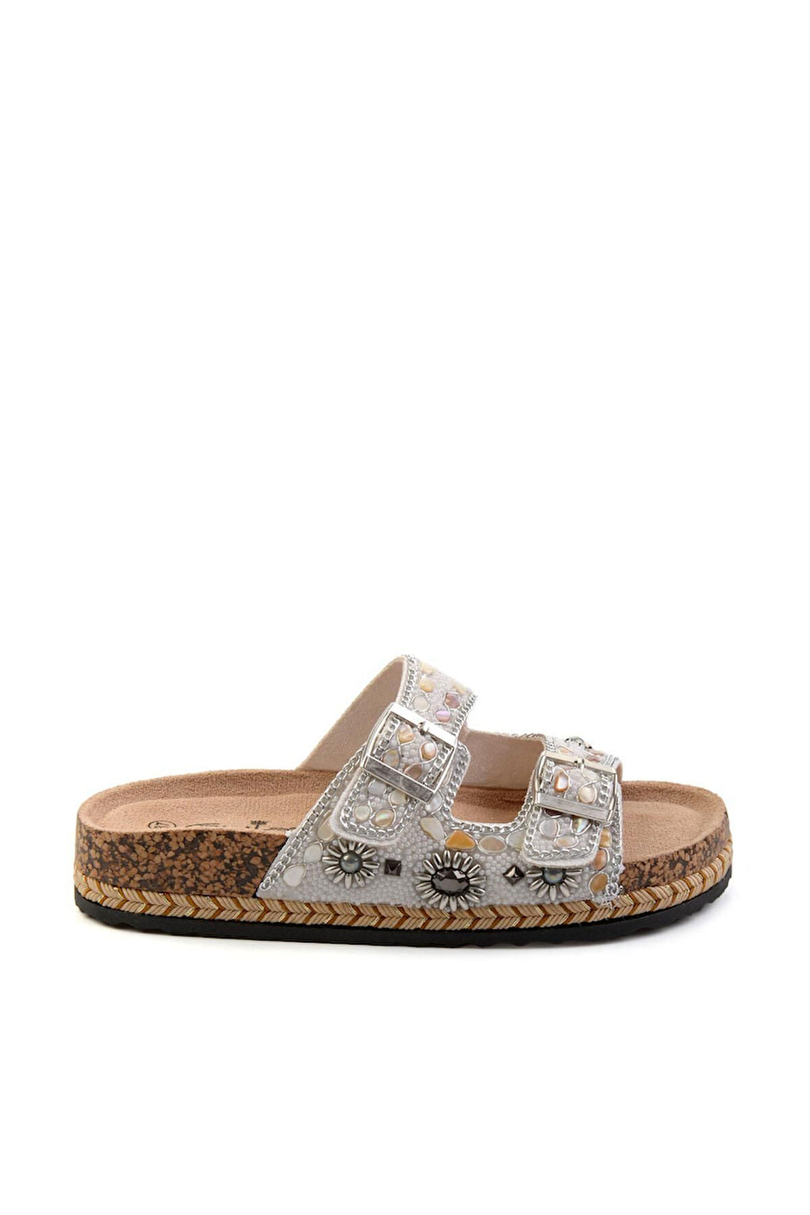 Guja 25Y183 Kadın Çift Toka Taşlı Hasır Taban Comfort Terlik (DAR KALIP BİR NUMARA BÜYÜK TERCİH EDİNİZ)